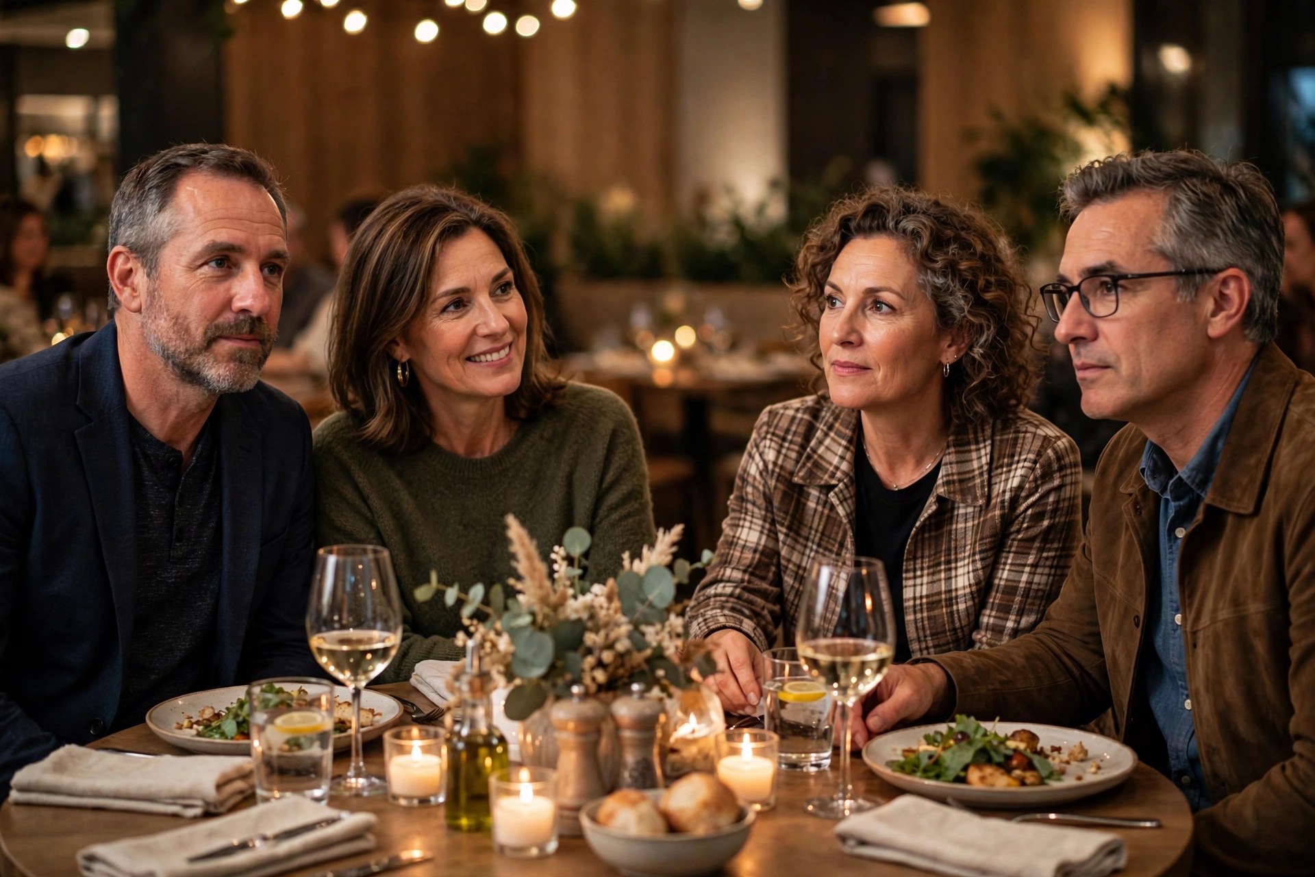 Two mature couples at a speaker series dinner event