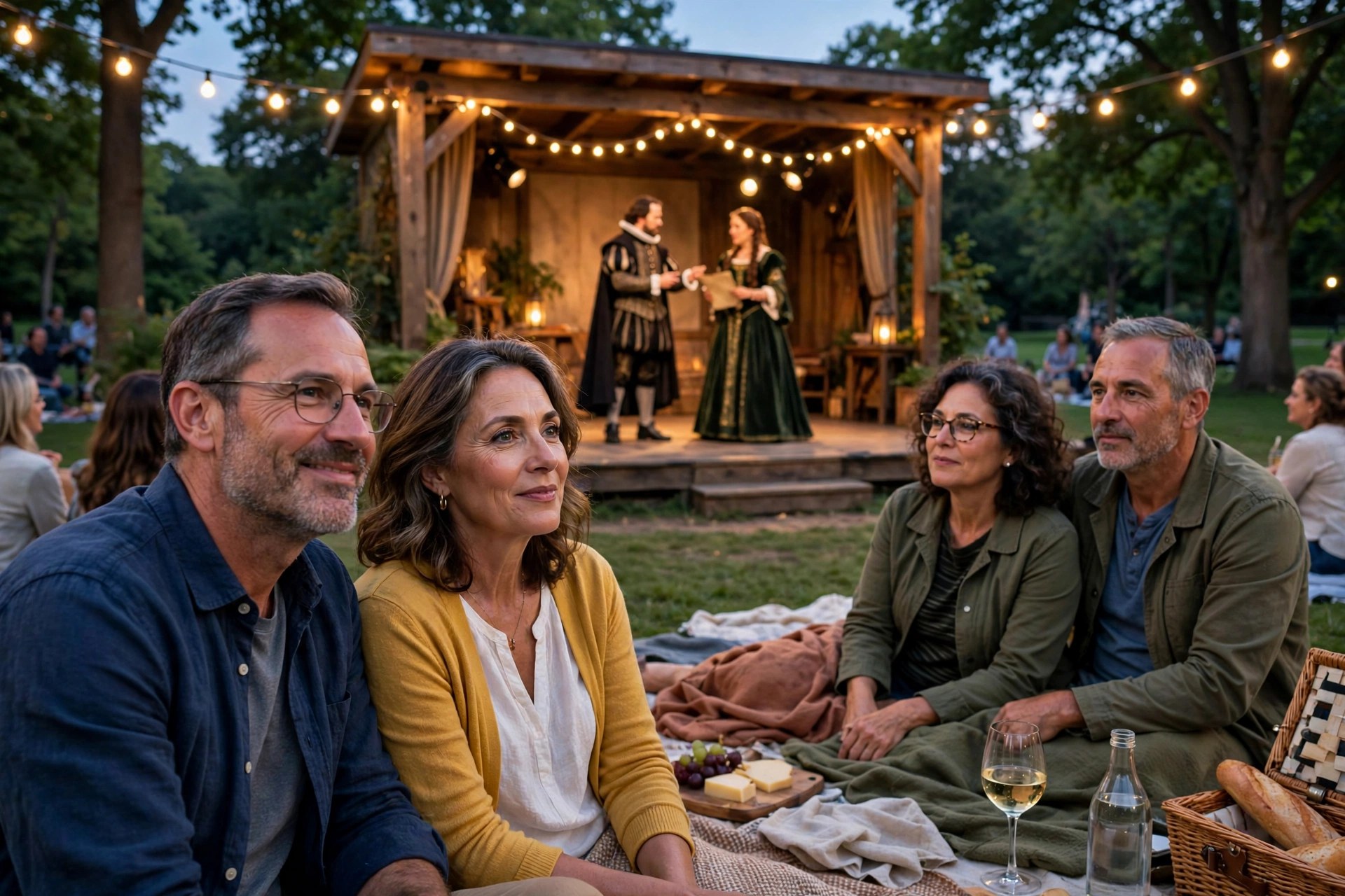 Two mature couples watching Shakespeare in an outdoor park theater