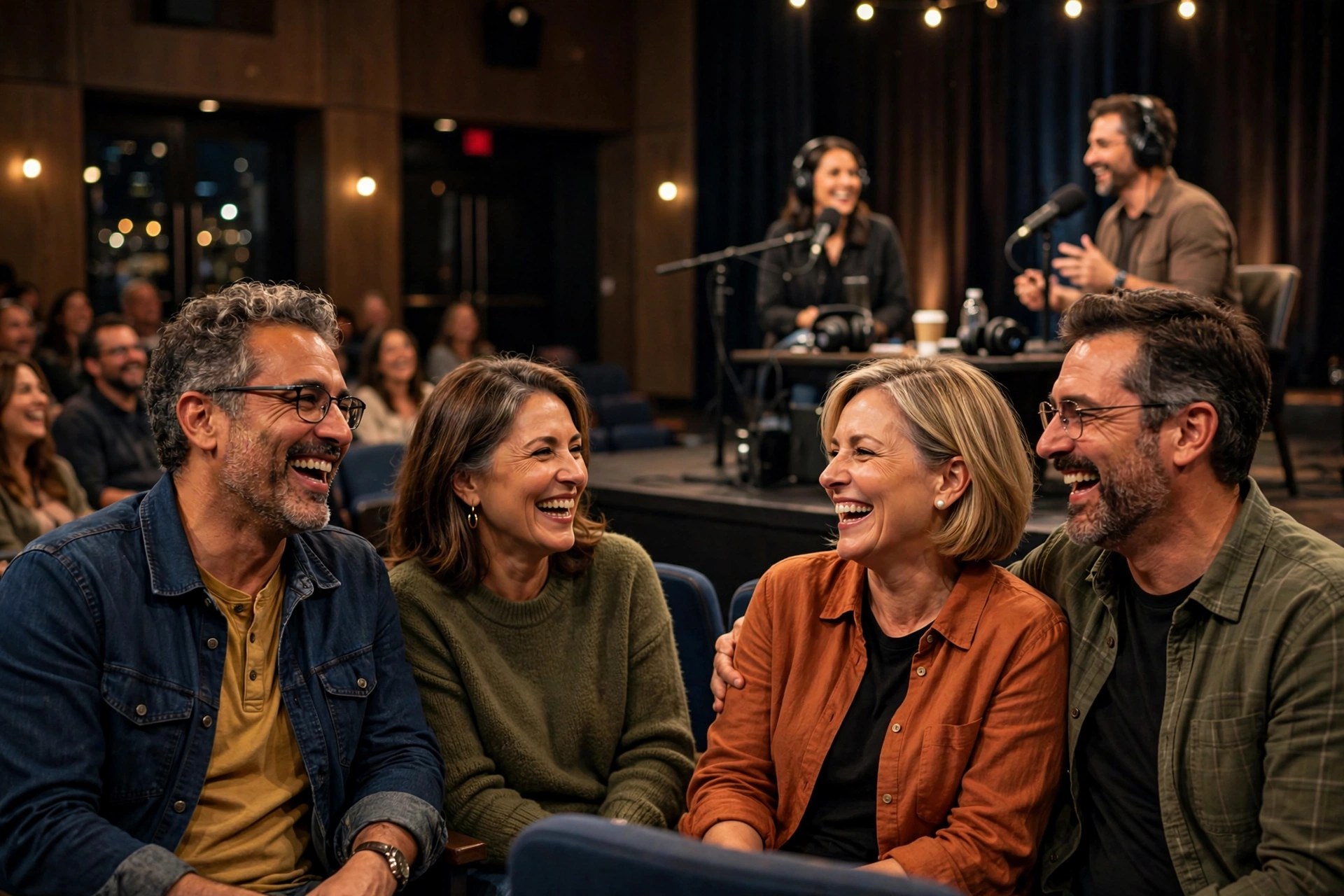 Two mature couples at a live podcast taping in a theater