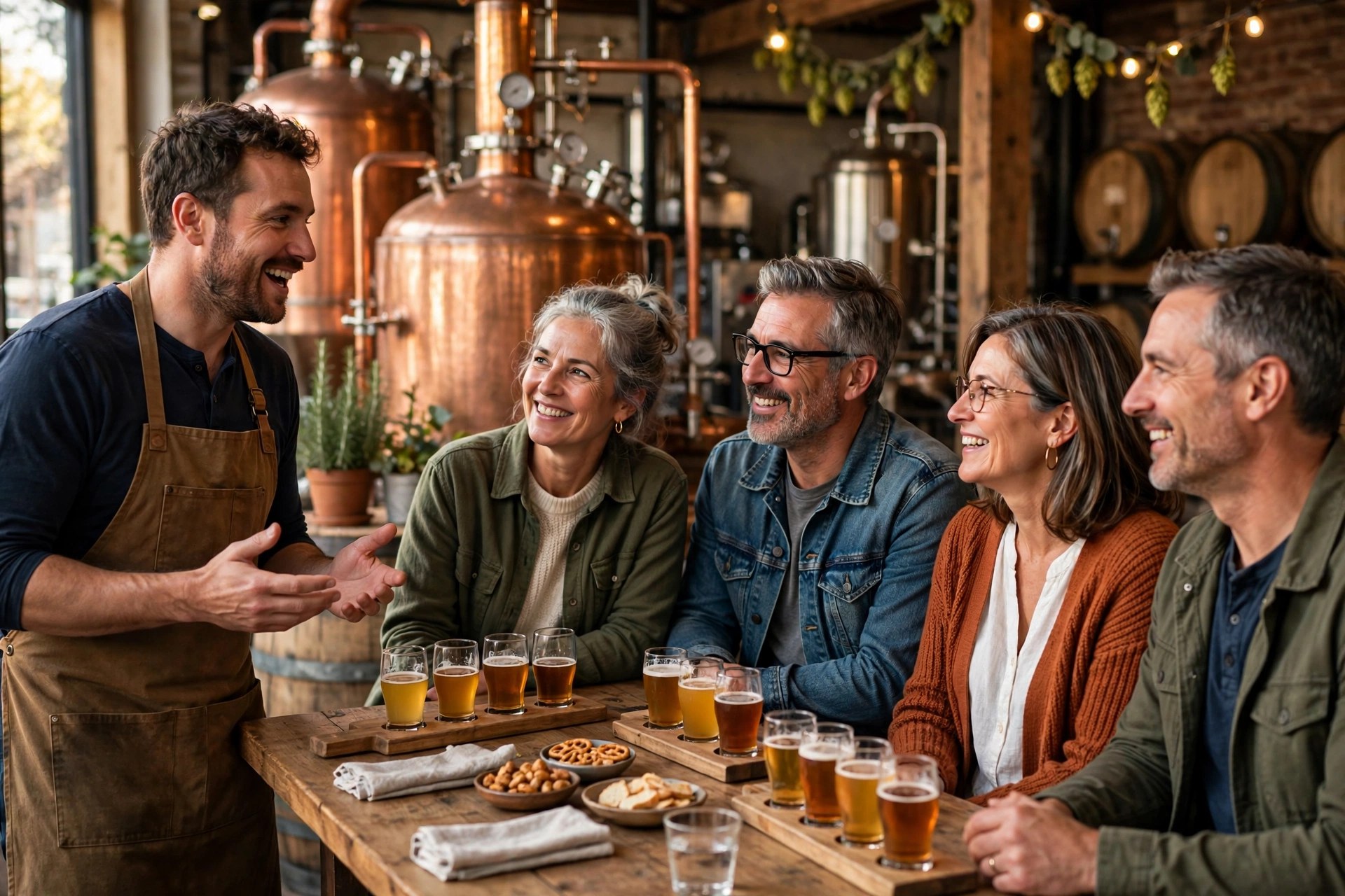 Two mature couples tasting beer on a brewery tour