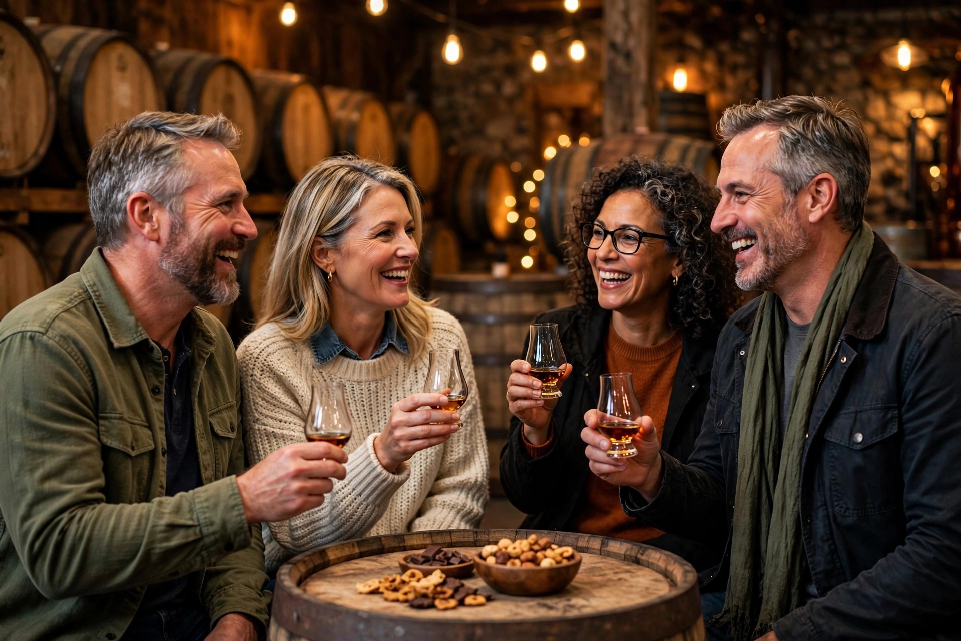 Two mature couples tasting whiskey on a distillery tour