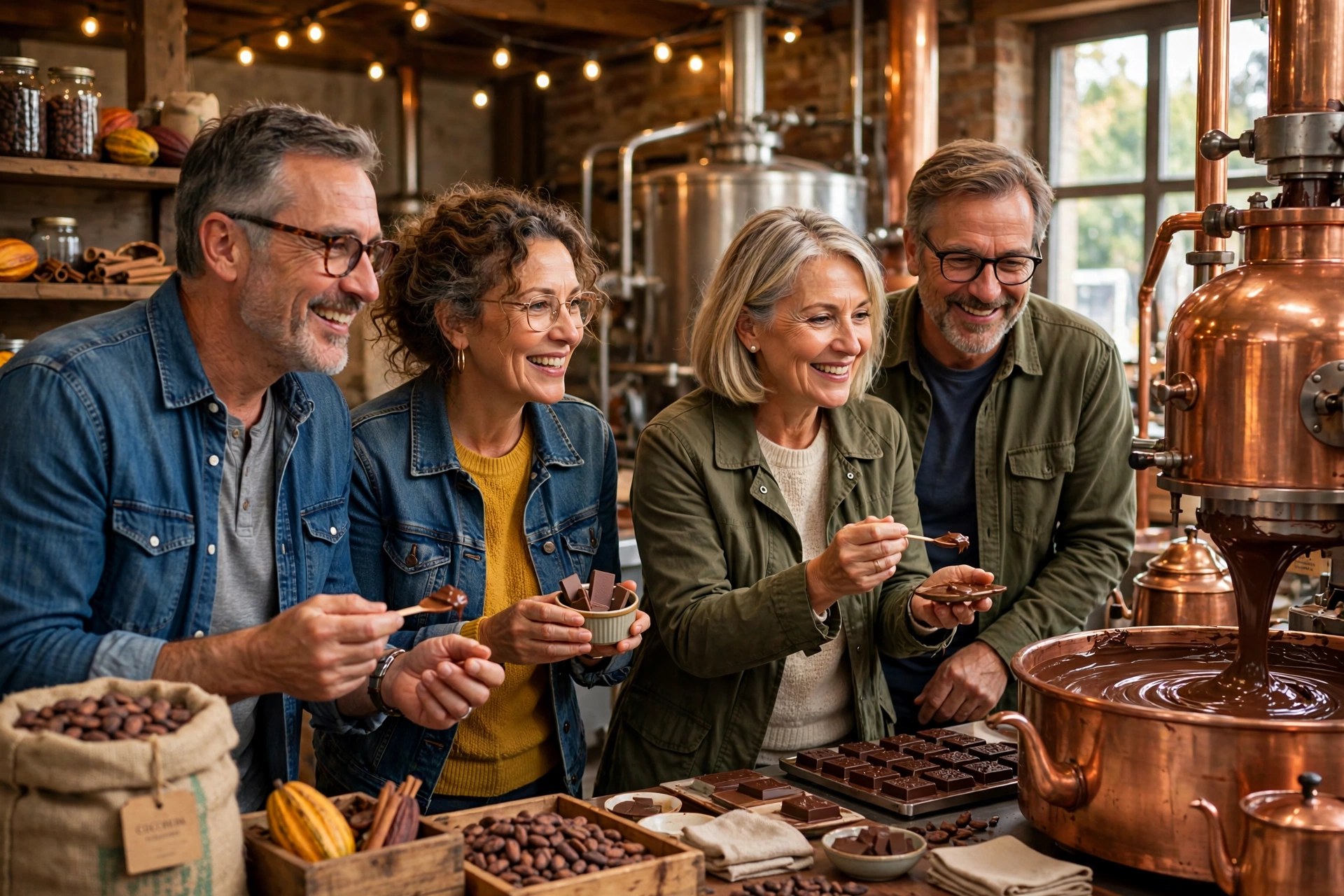 Two mature couples on a chocolate factory tour tasting samples