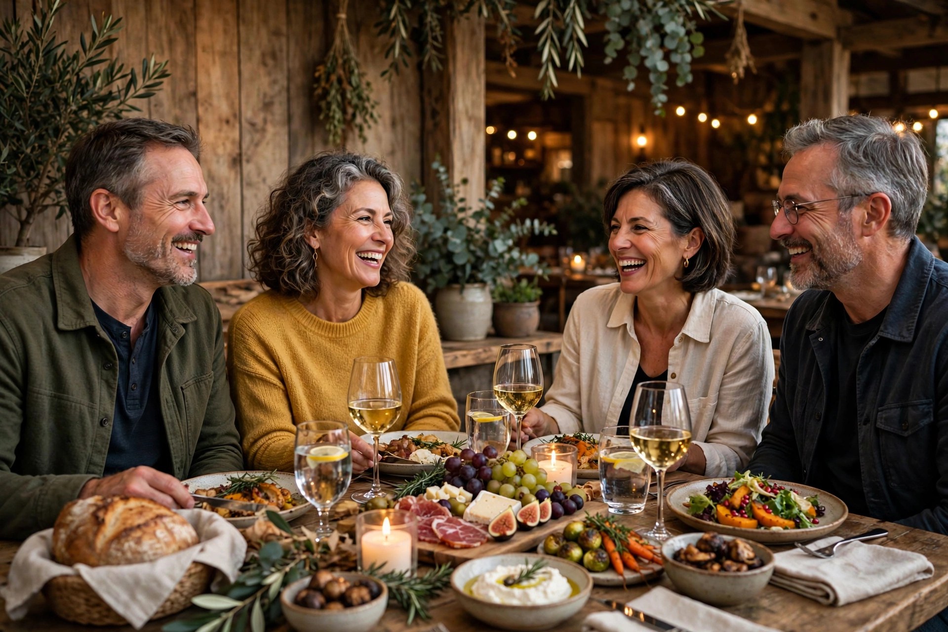 Two mature couples at a farm-to-table restaurant dinner