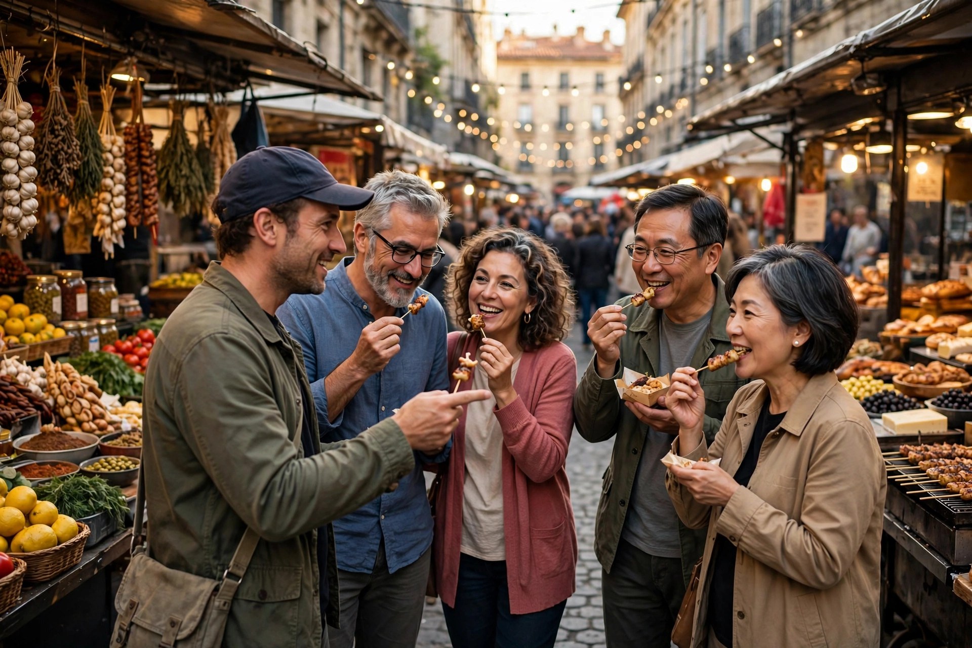 Two mature couples on a guided food tour tasting street food