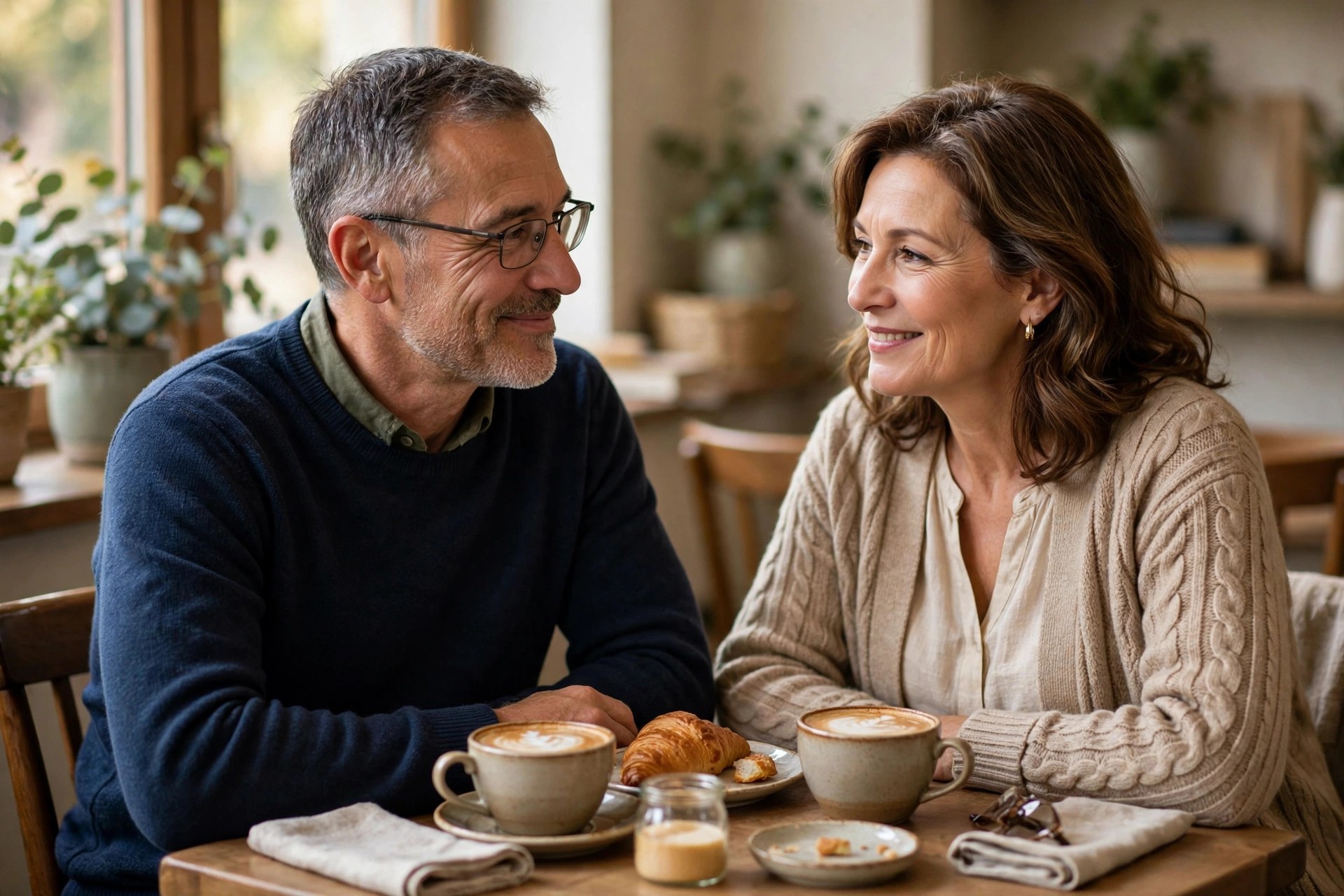 Mature couple on a relaxed first date at a quiet cafe with coffee