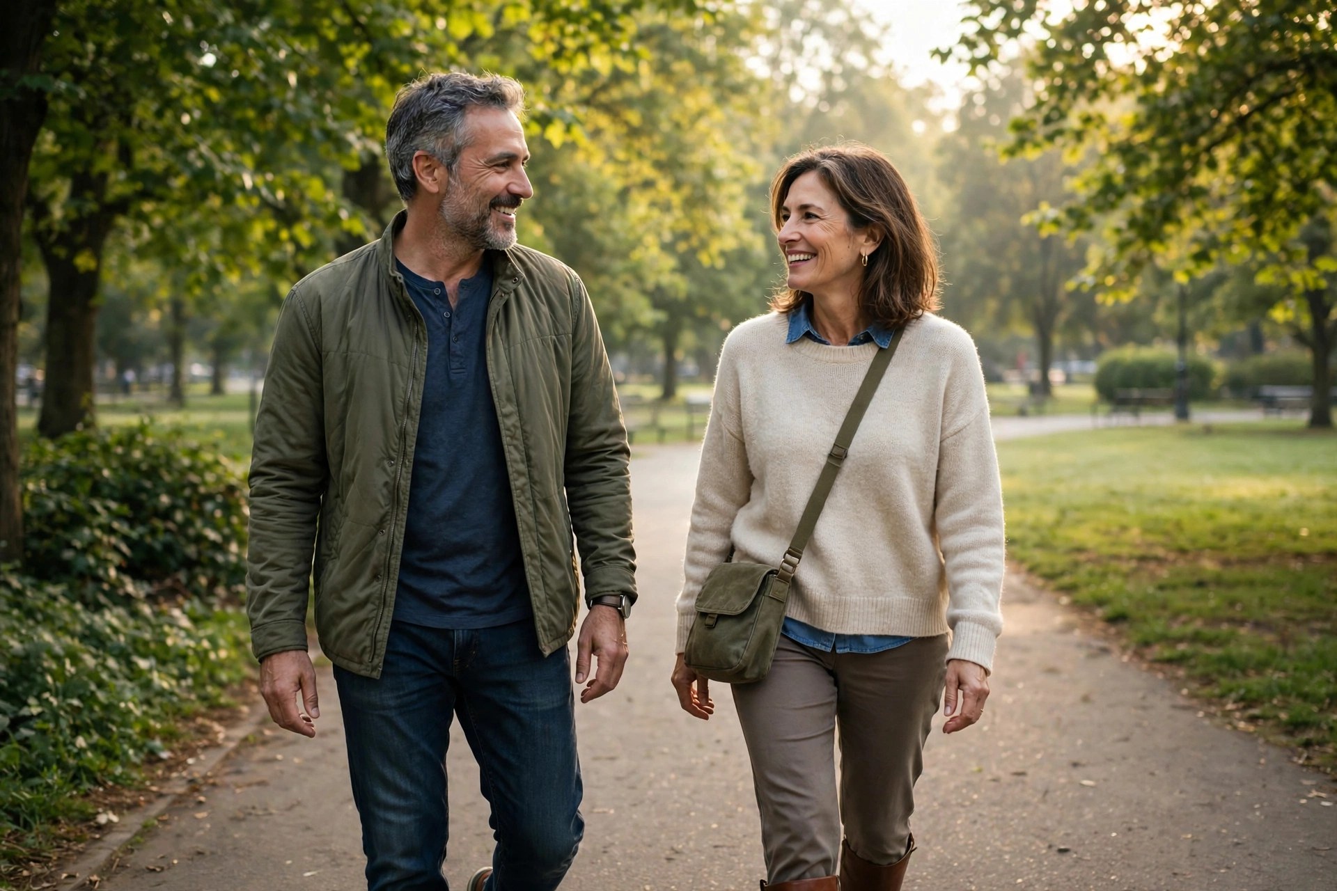 Mature couple taking a gentle morning walk together in a green park