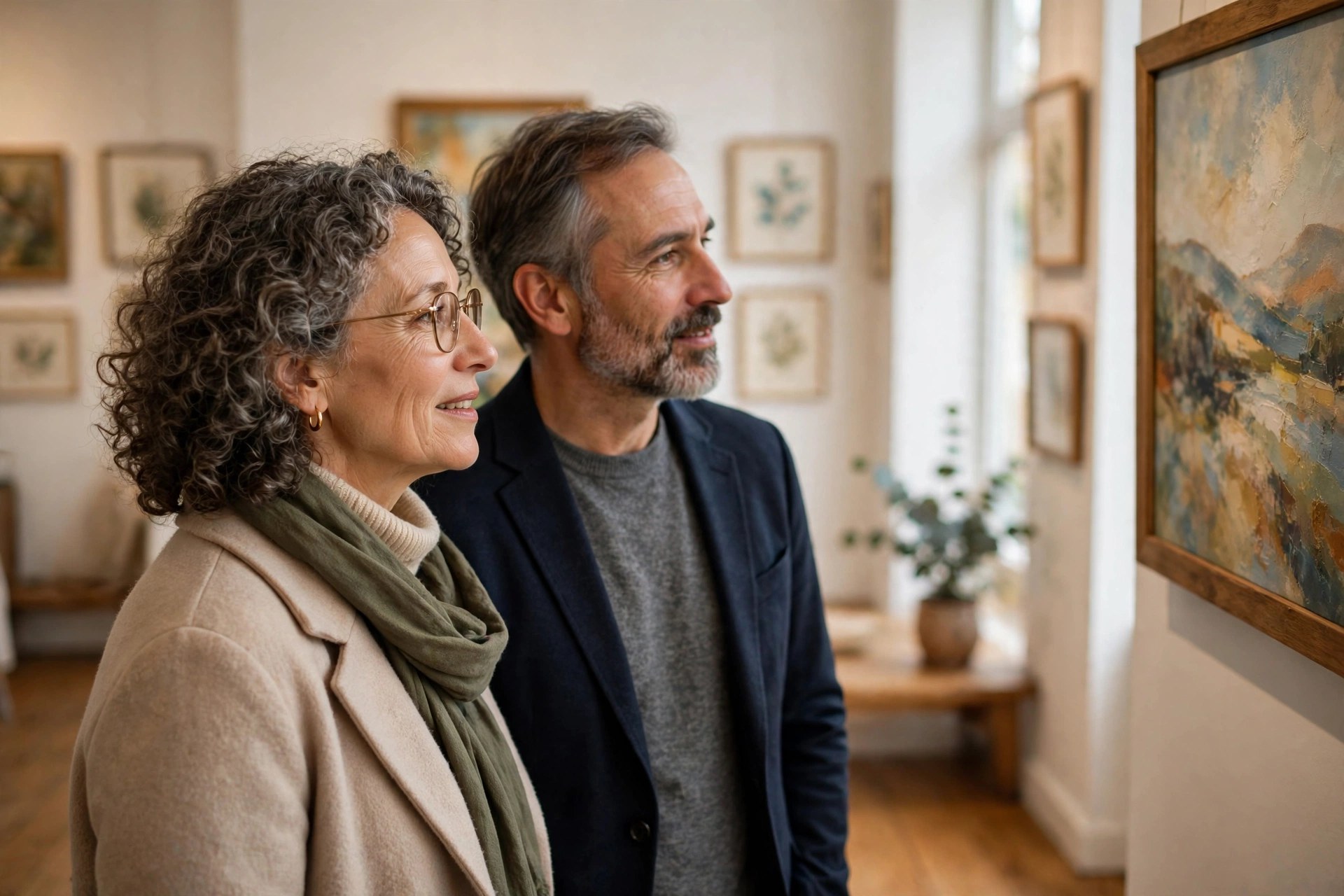 Mature couple visiting a small local art gallery together