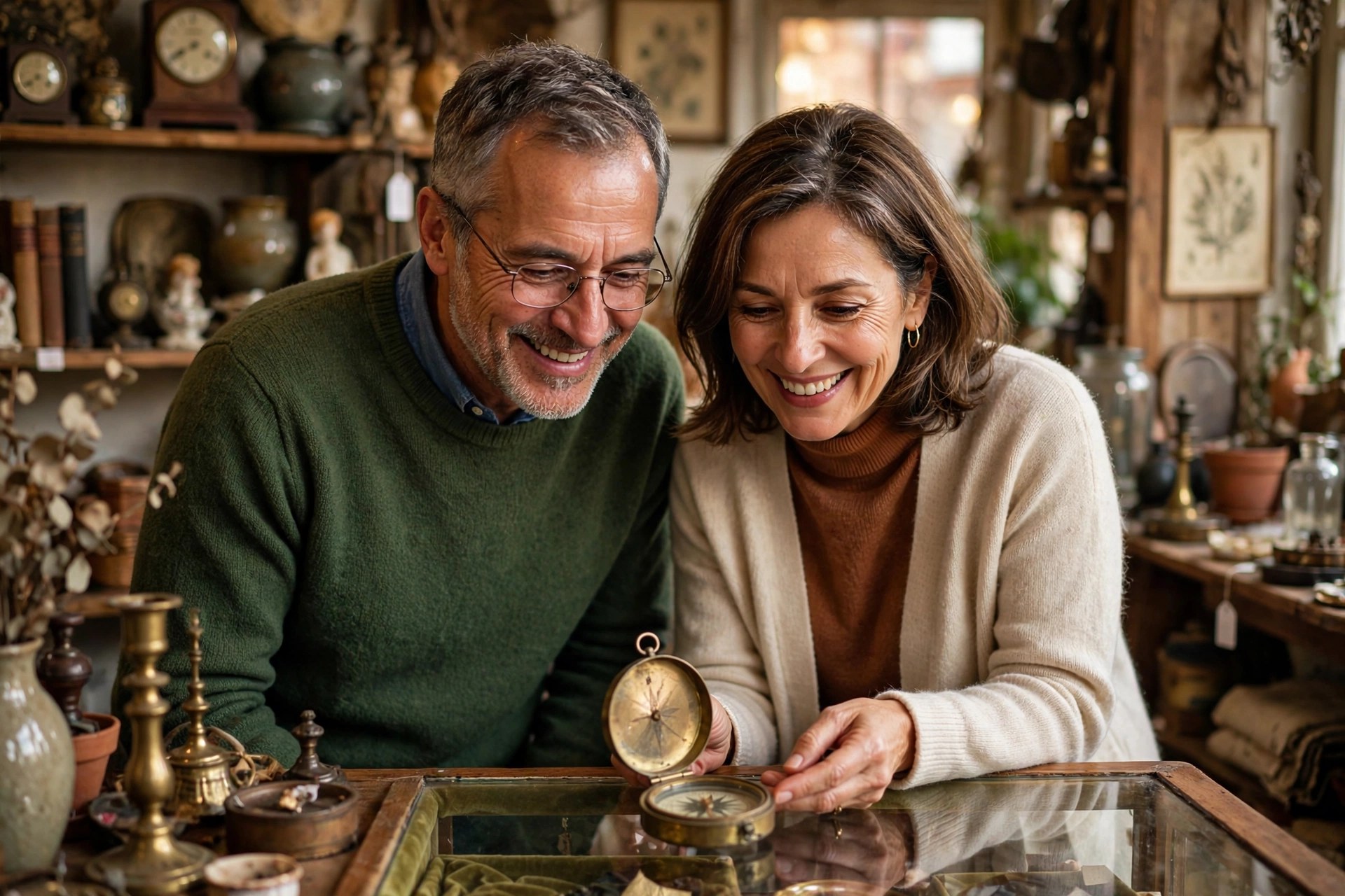 Mature couple browsing together in a charming antique shop