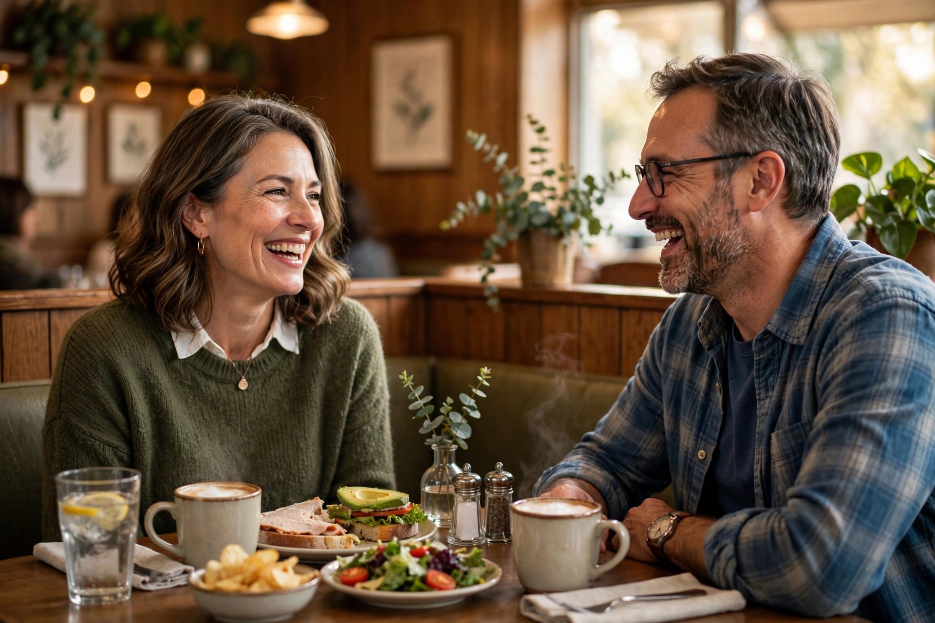 Mature couple sharing a casual lunch at a cozy diner