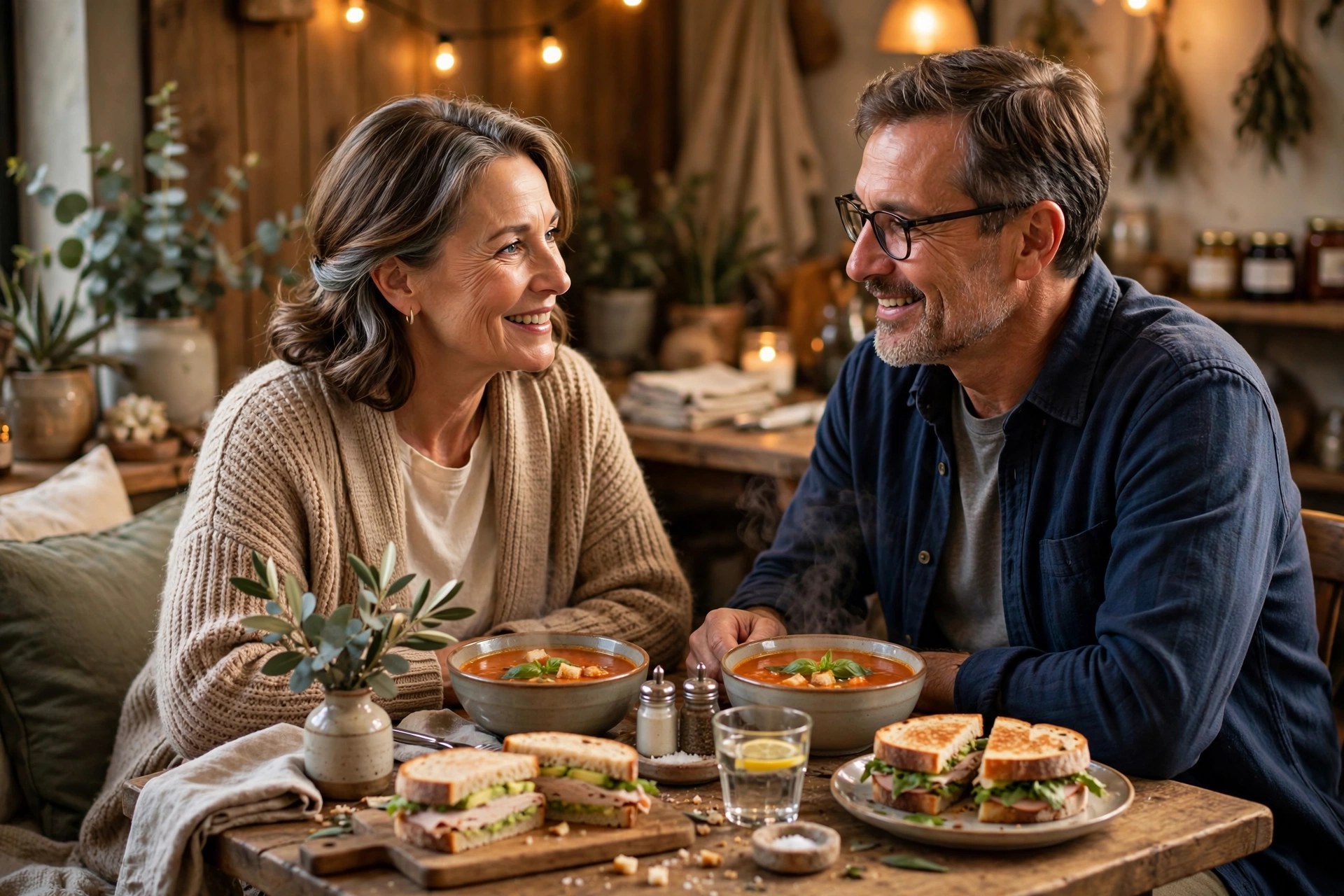 Mature couple having soup and sandwiches at a cozy soup cafe