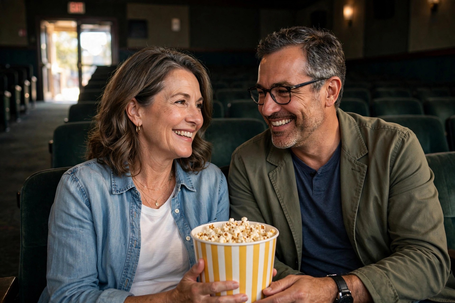Mature couple at a daytime movie matinee sharing popcorn
