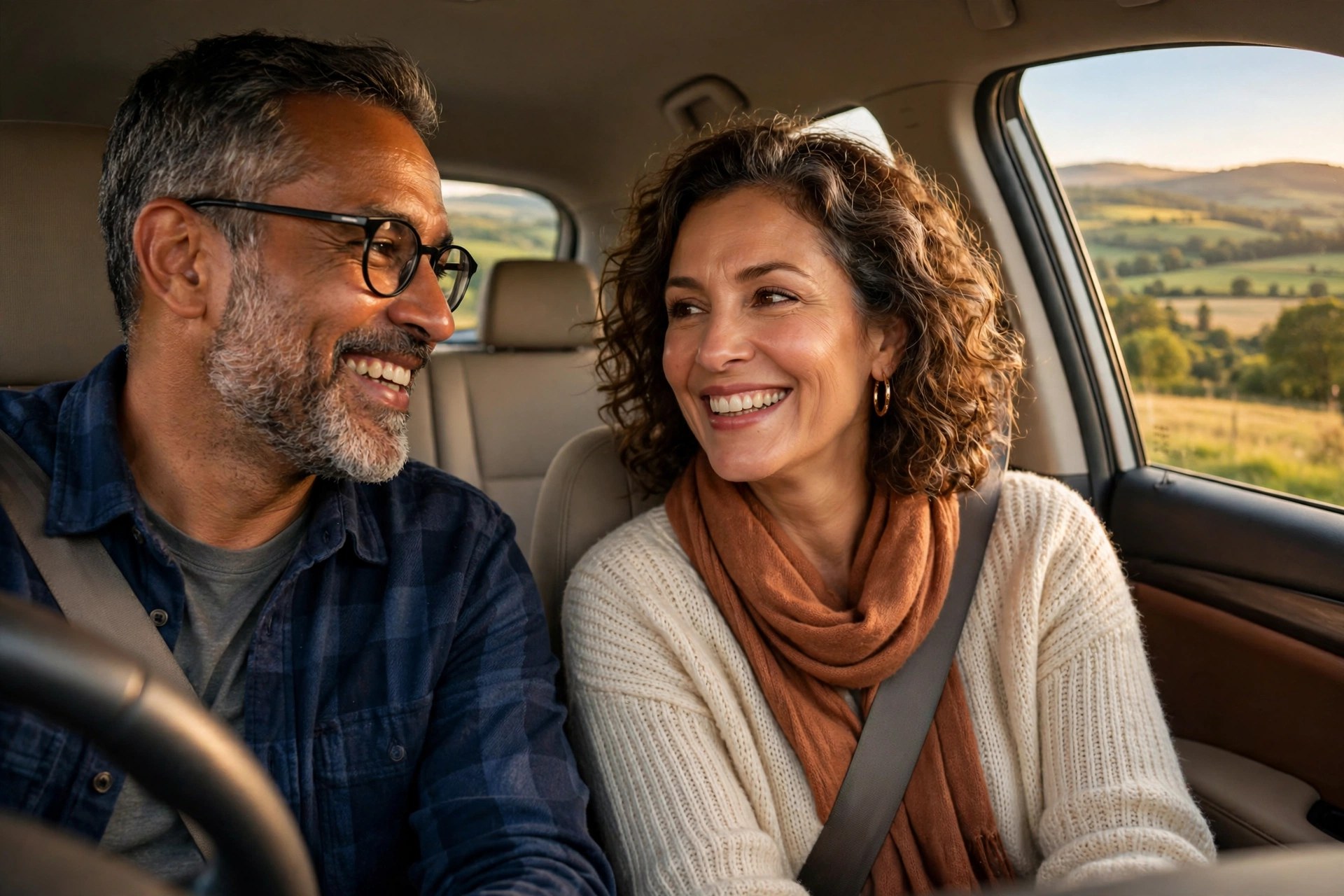 Mature couple on a scenic countryside drive with rolling hills