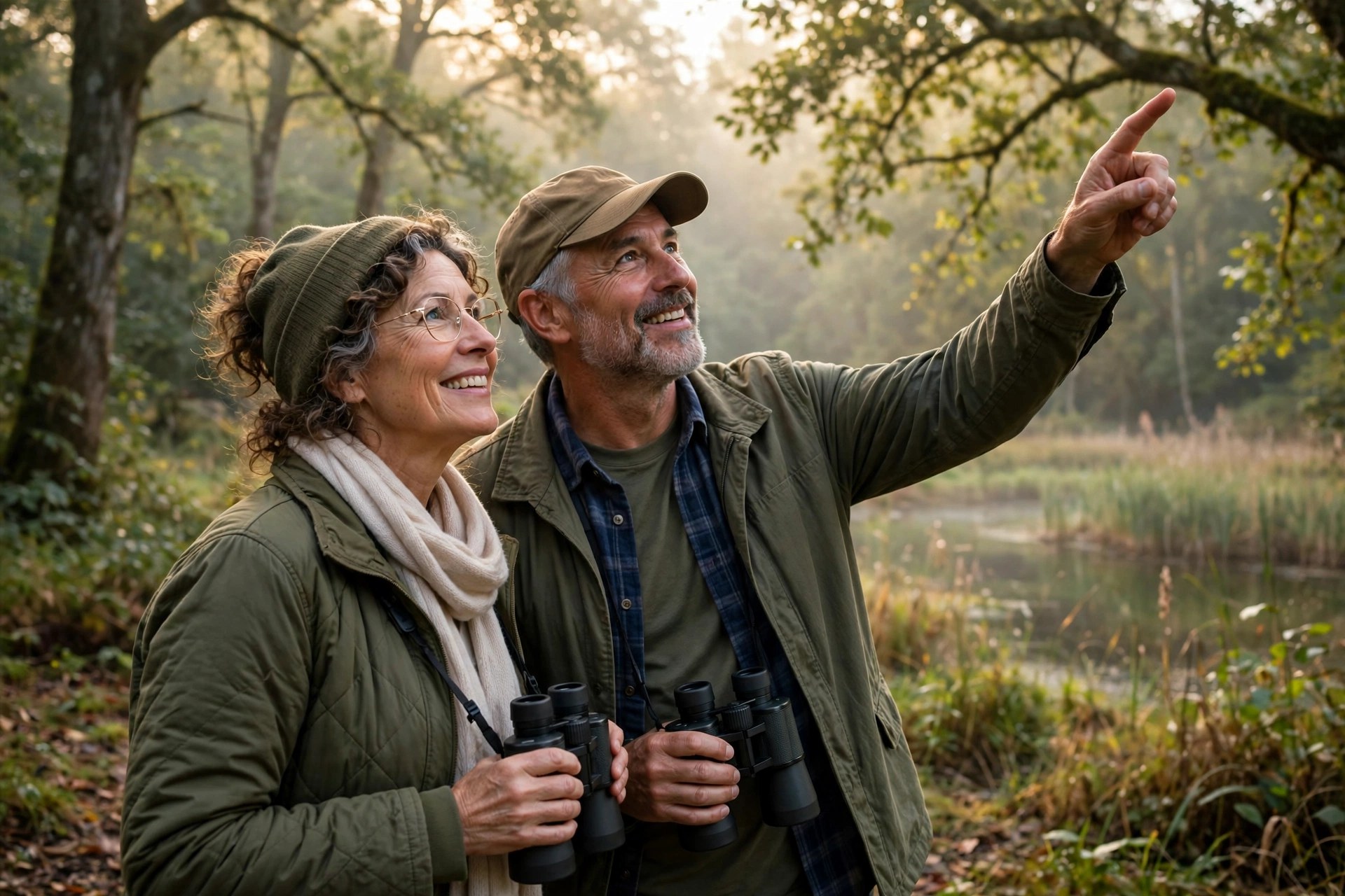 Mature couple birdwatching with binoculars in a nature reserve