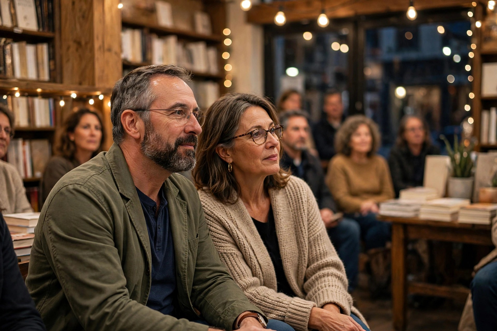 Mature couple at an author book reading in a cozy bookstore