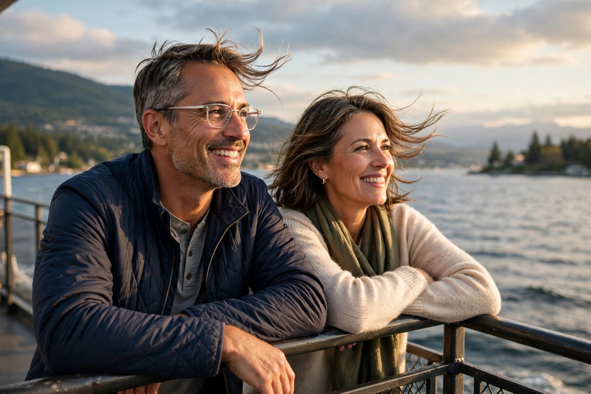 Mature couple on a ferry ride across the water, smiling
