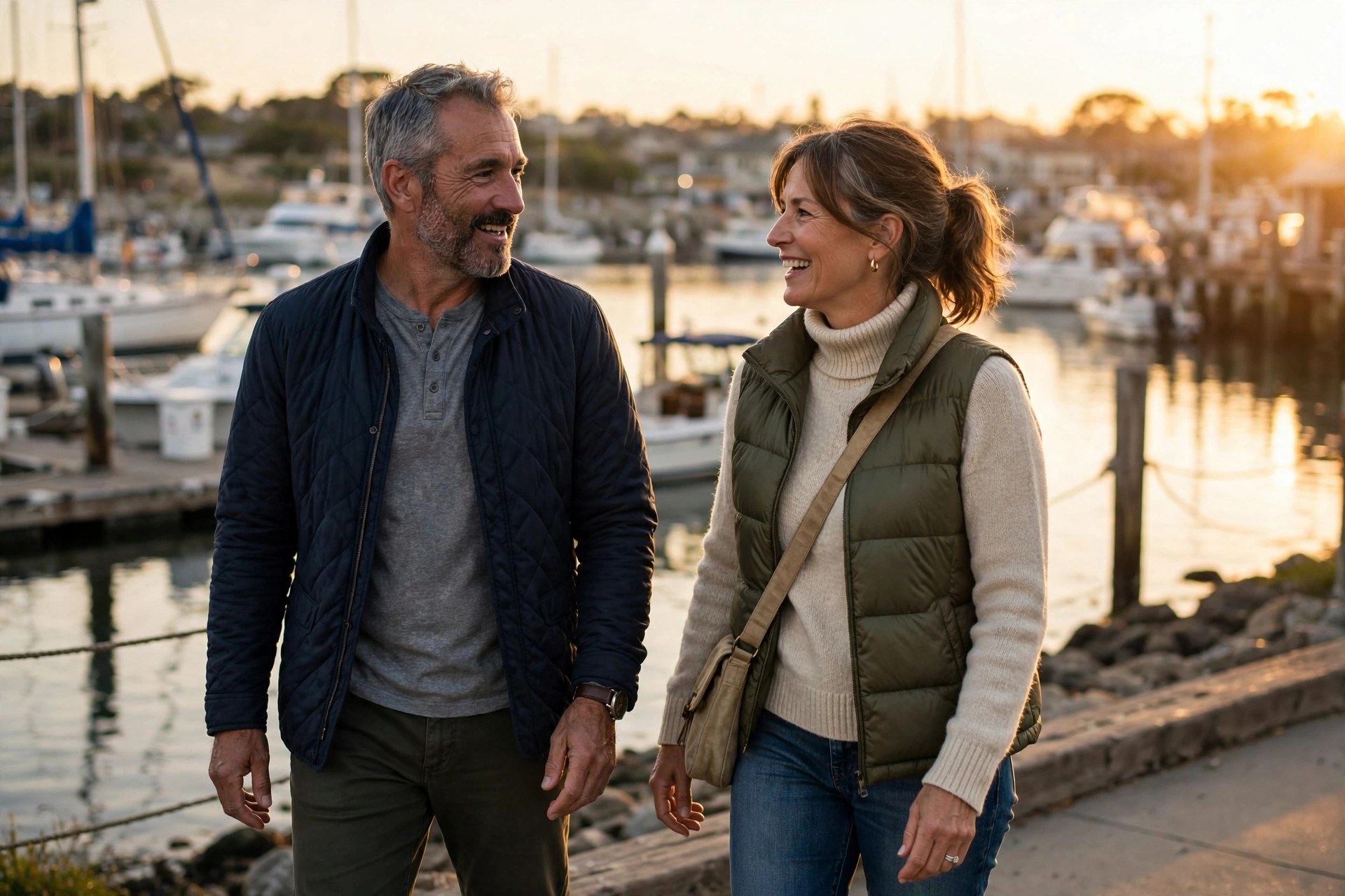 Mature couple walking along a harbor waterfront at golden hour