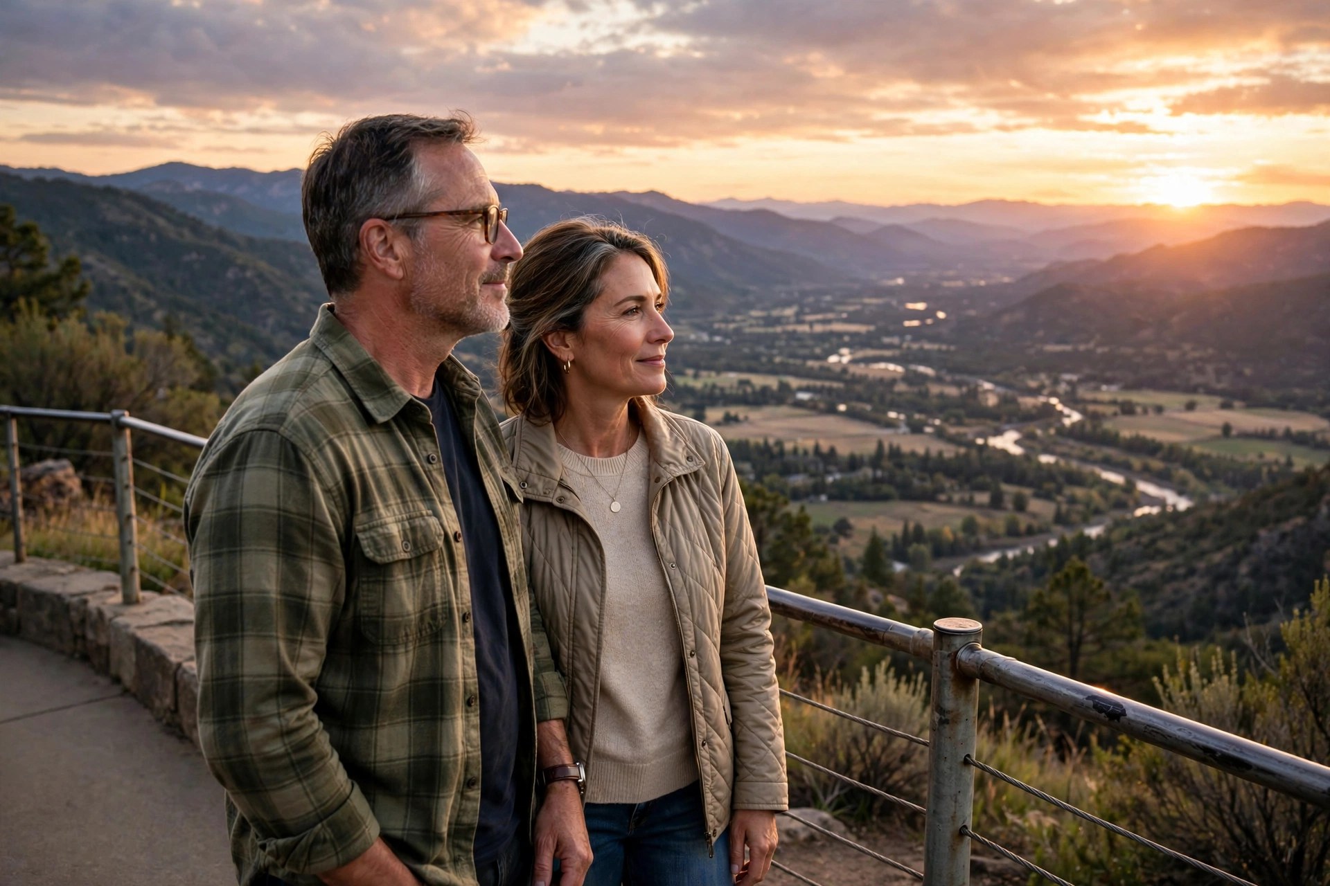 Mature couple at a scenic overlook watching the sunset
