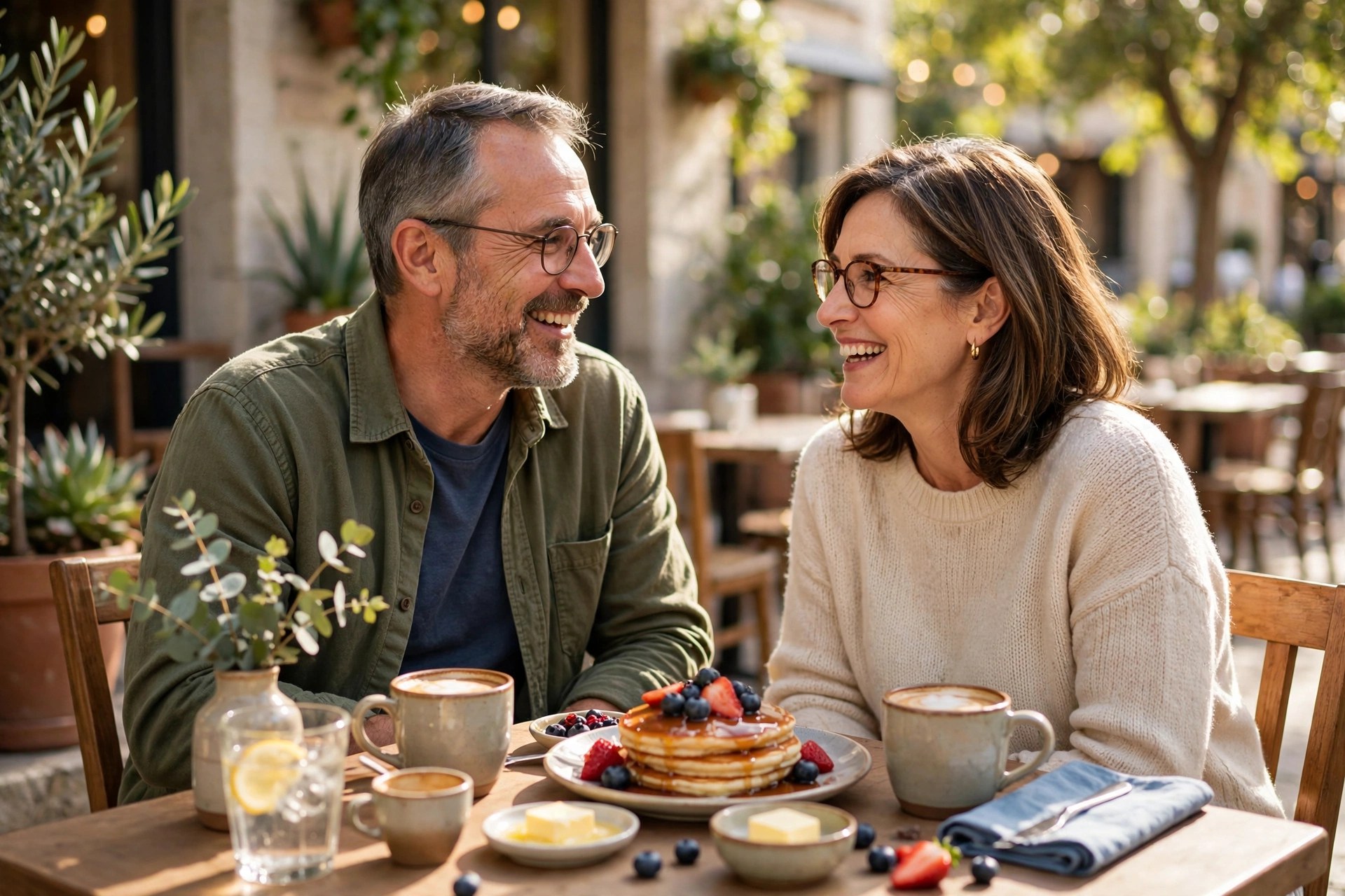 Mature couple having breakfast together at a sunny cafe