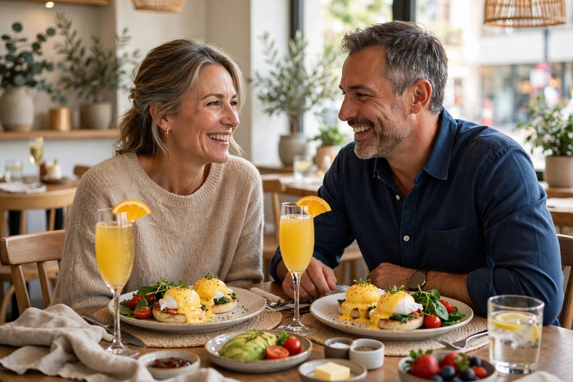 Mature couple enjoying brunch together at a bright restaurant