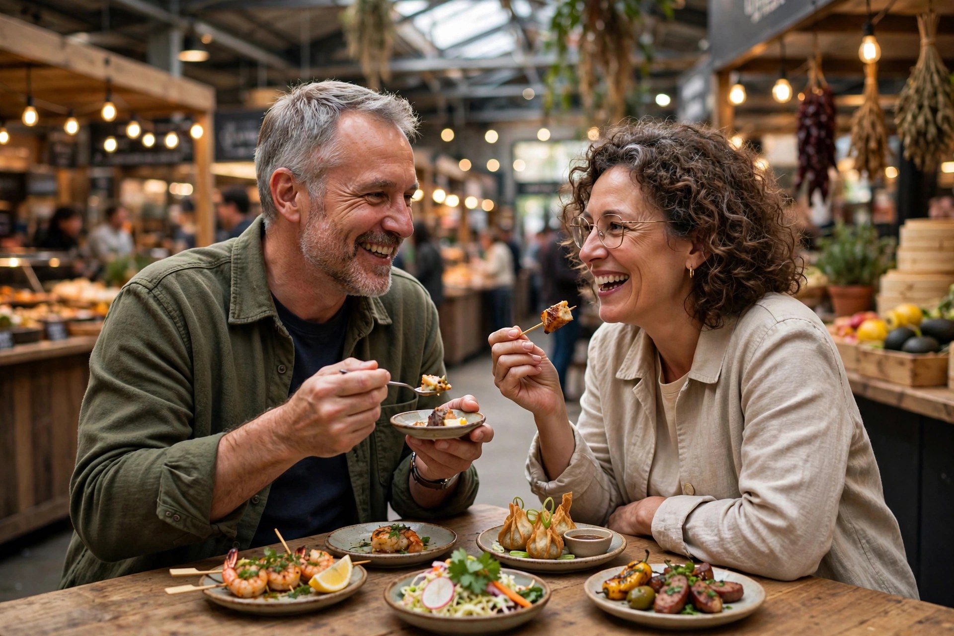 Mature couple tasting small dishes together at a lively food hall