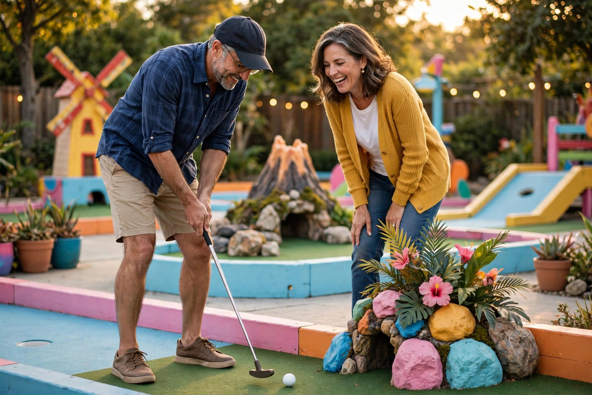 Mature couple playing mini golf together, laughing