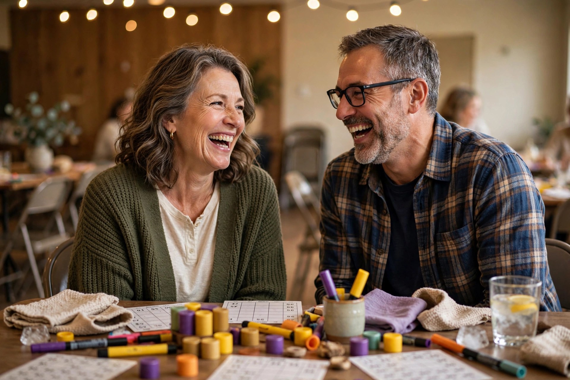 Mature couple at a charity bingo night in a community hall
