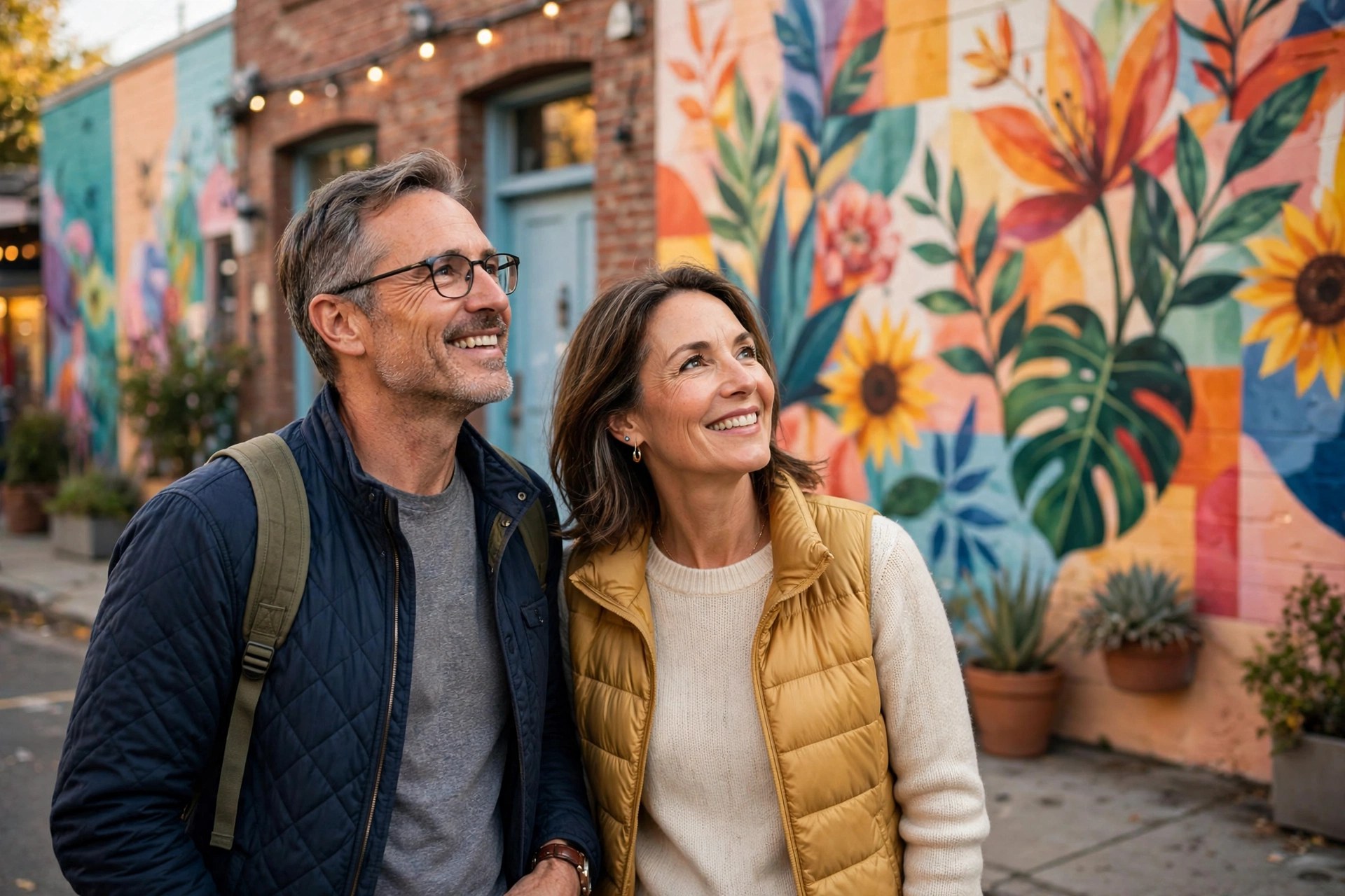 Mature couple on a self-guided mural walk in an arts district