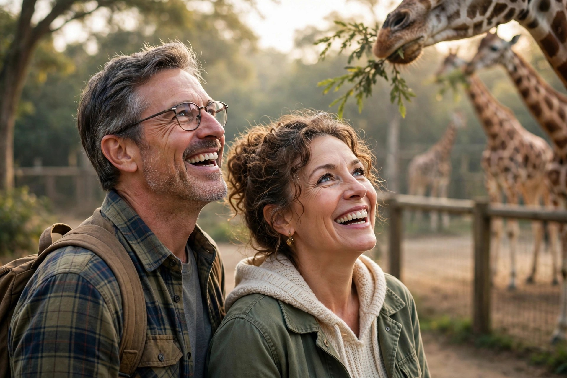 Mature couple watching giraffes at the zoo in the morning