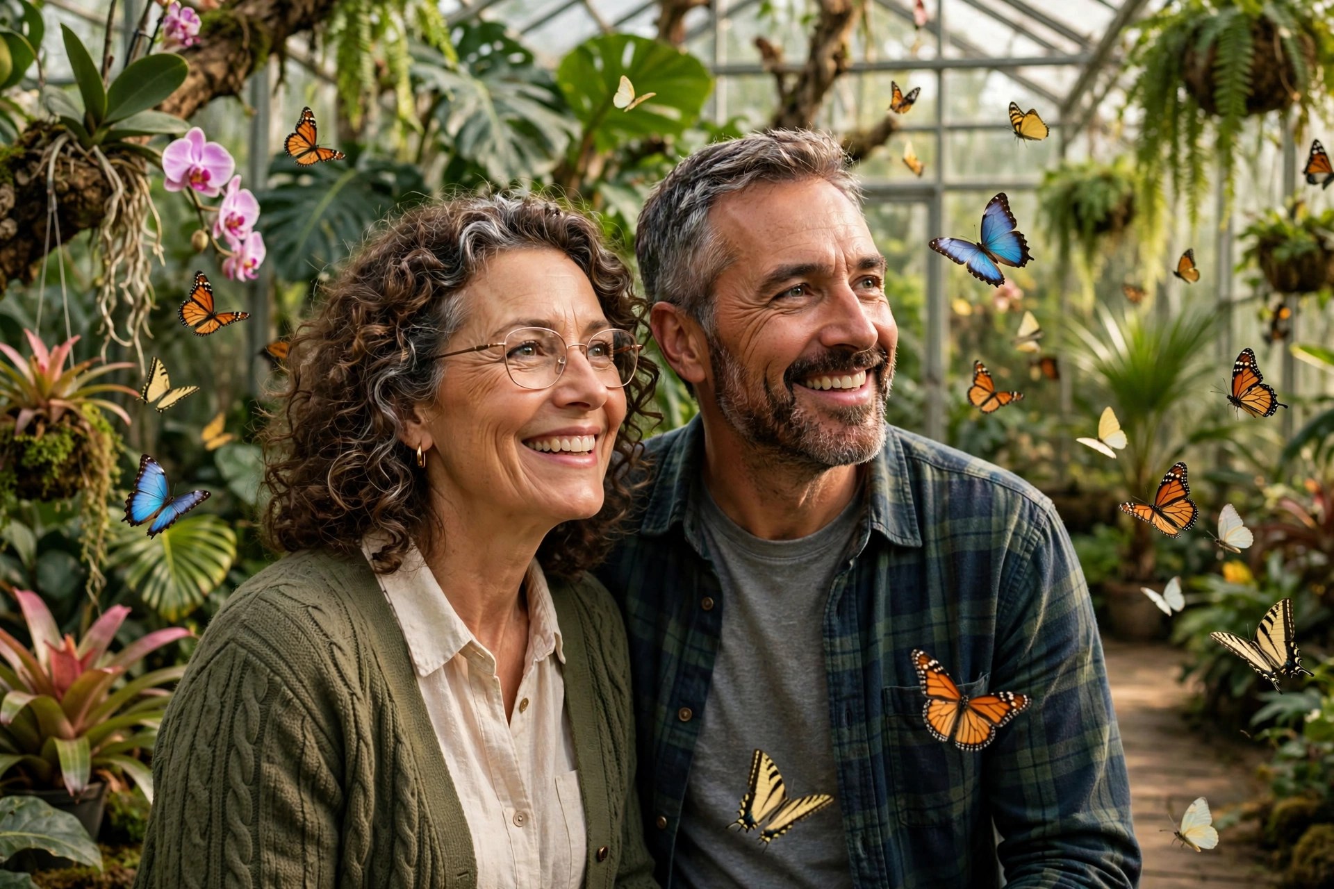 Mature couple inside a butterfly conservatory with tropical plants