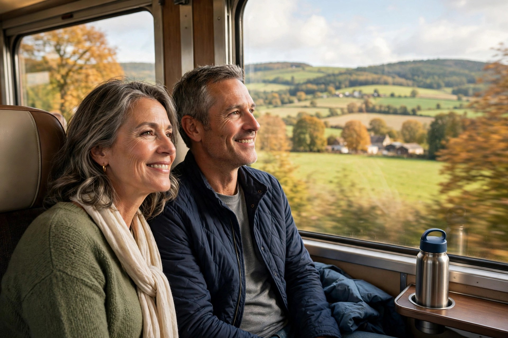 Mature couple on a scenic railway train ride through countryside