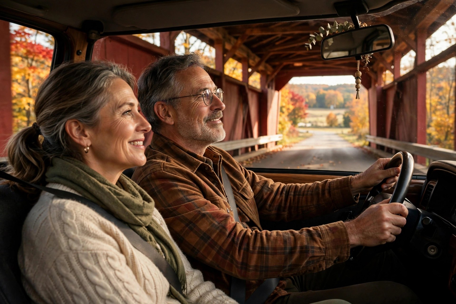 Mature couple driving through a red covered bridge in autumn