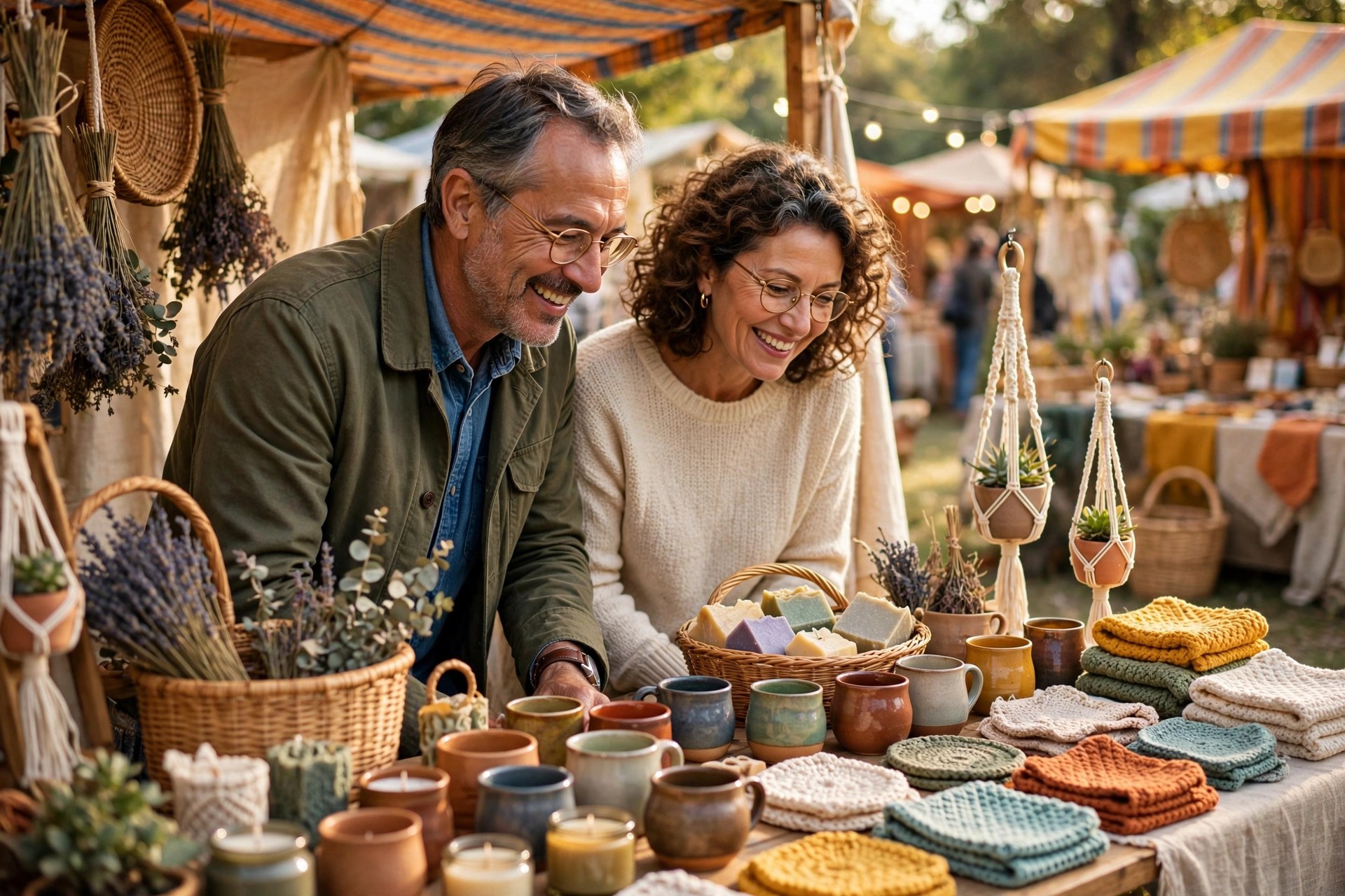 Mature couple browsing handmade crafts at an outdoor craft fair