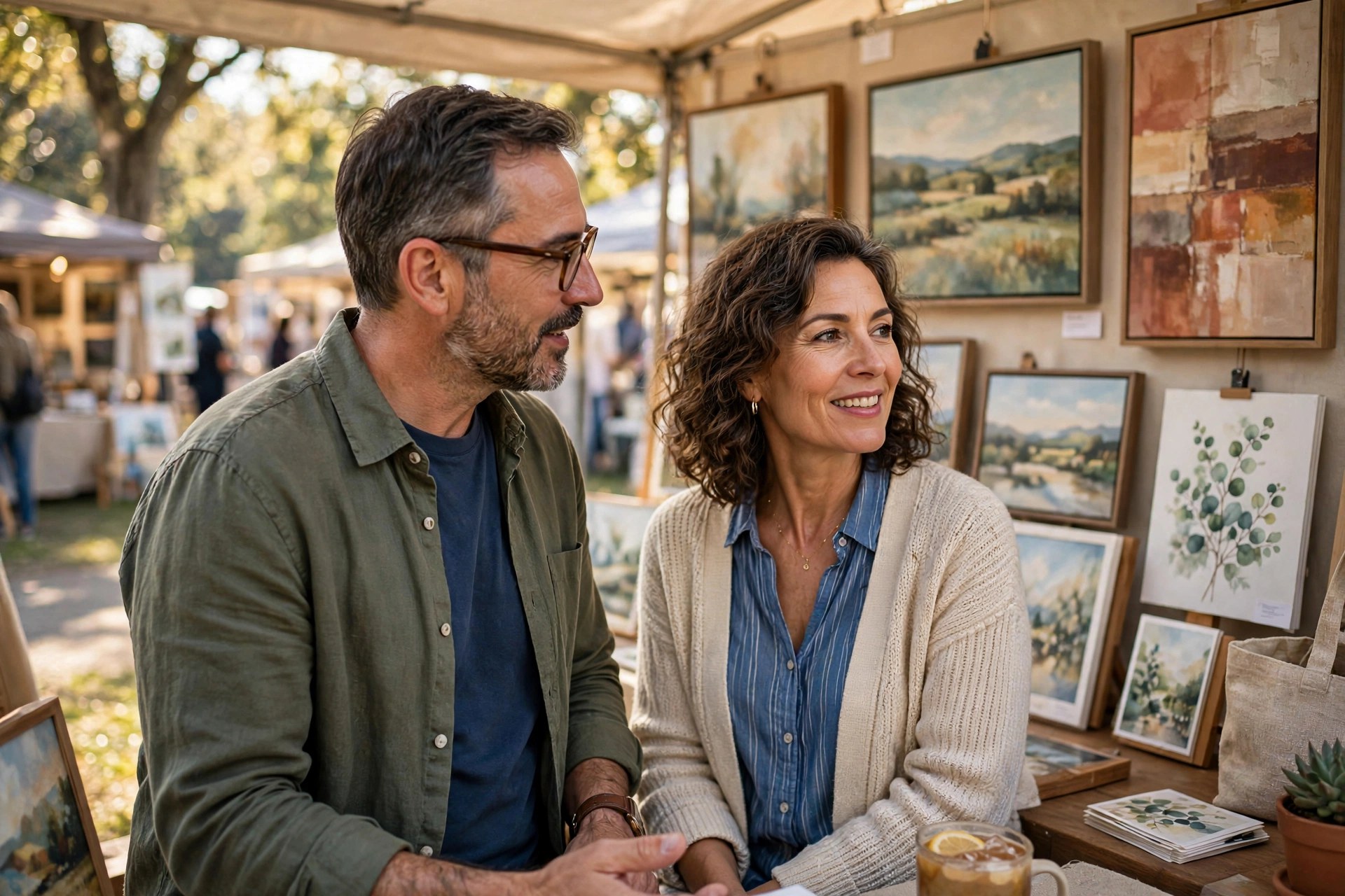 Mature couple admiring paintings at an outdoor art fair booth