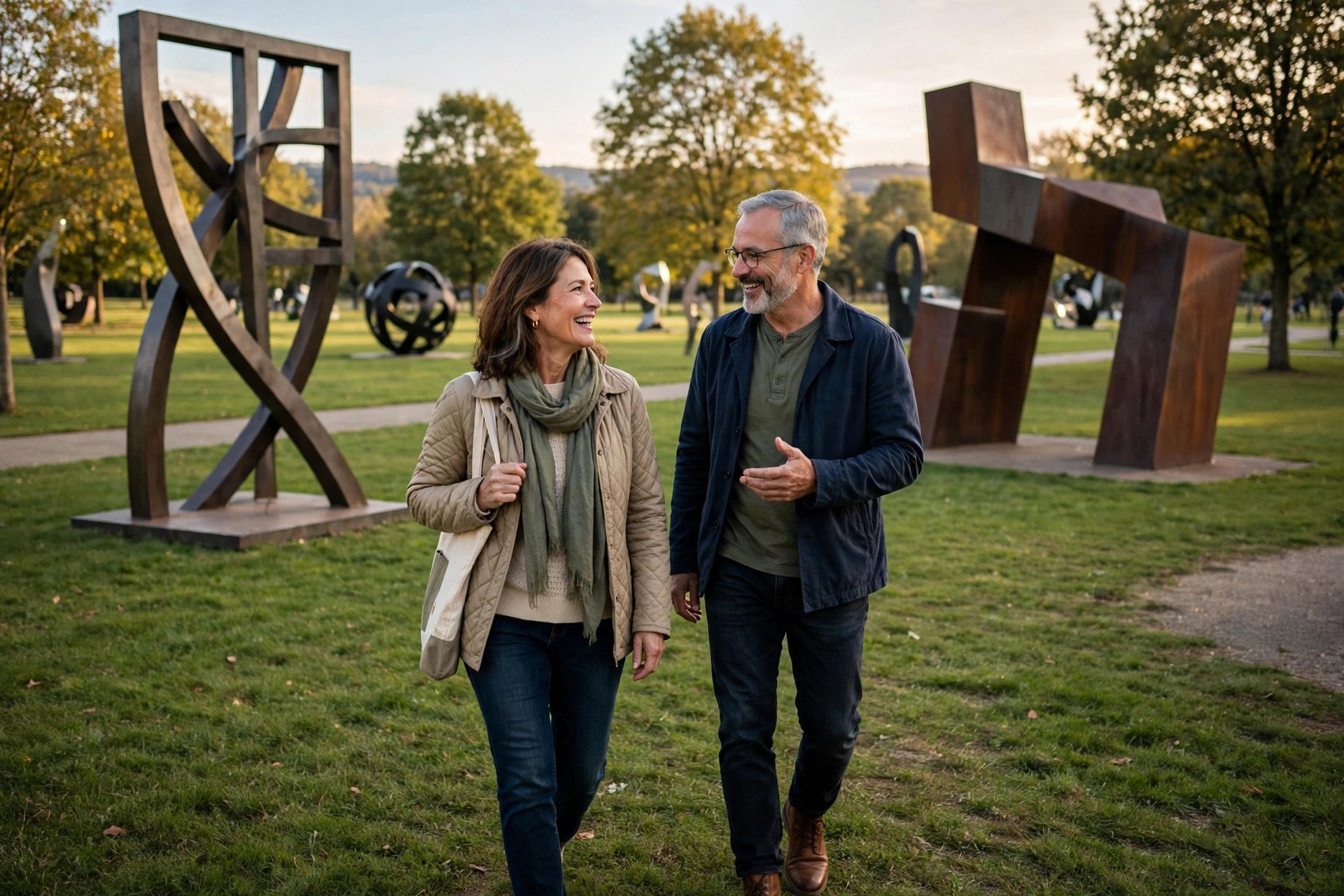 Mature couple walking through an outdoor sculpture park
