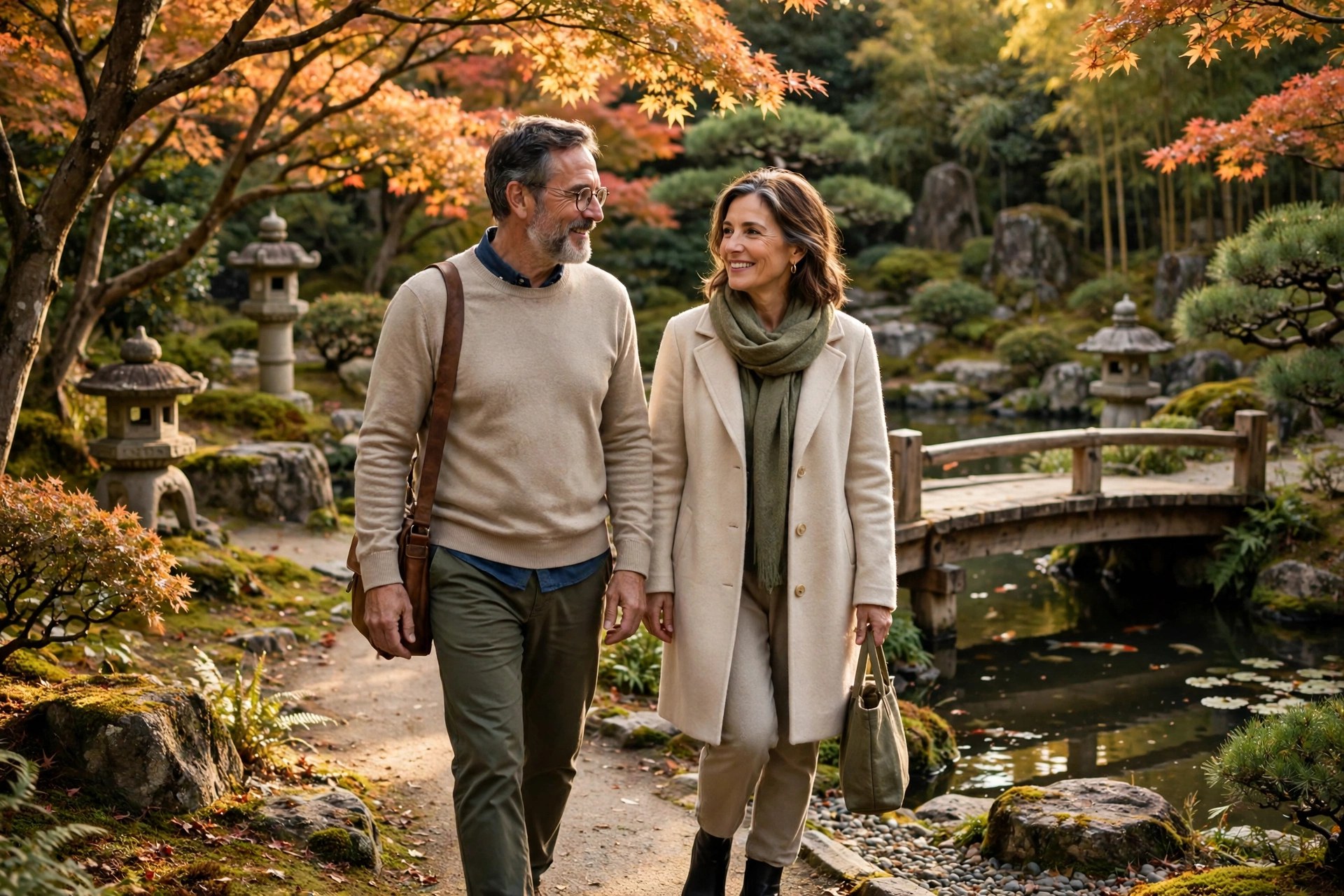 Mature couple strolling through a serene Japanese garden