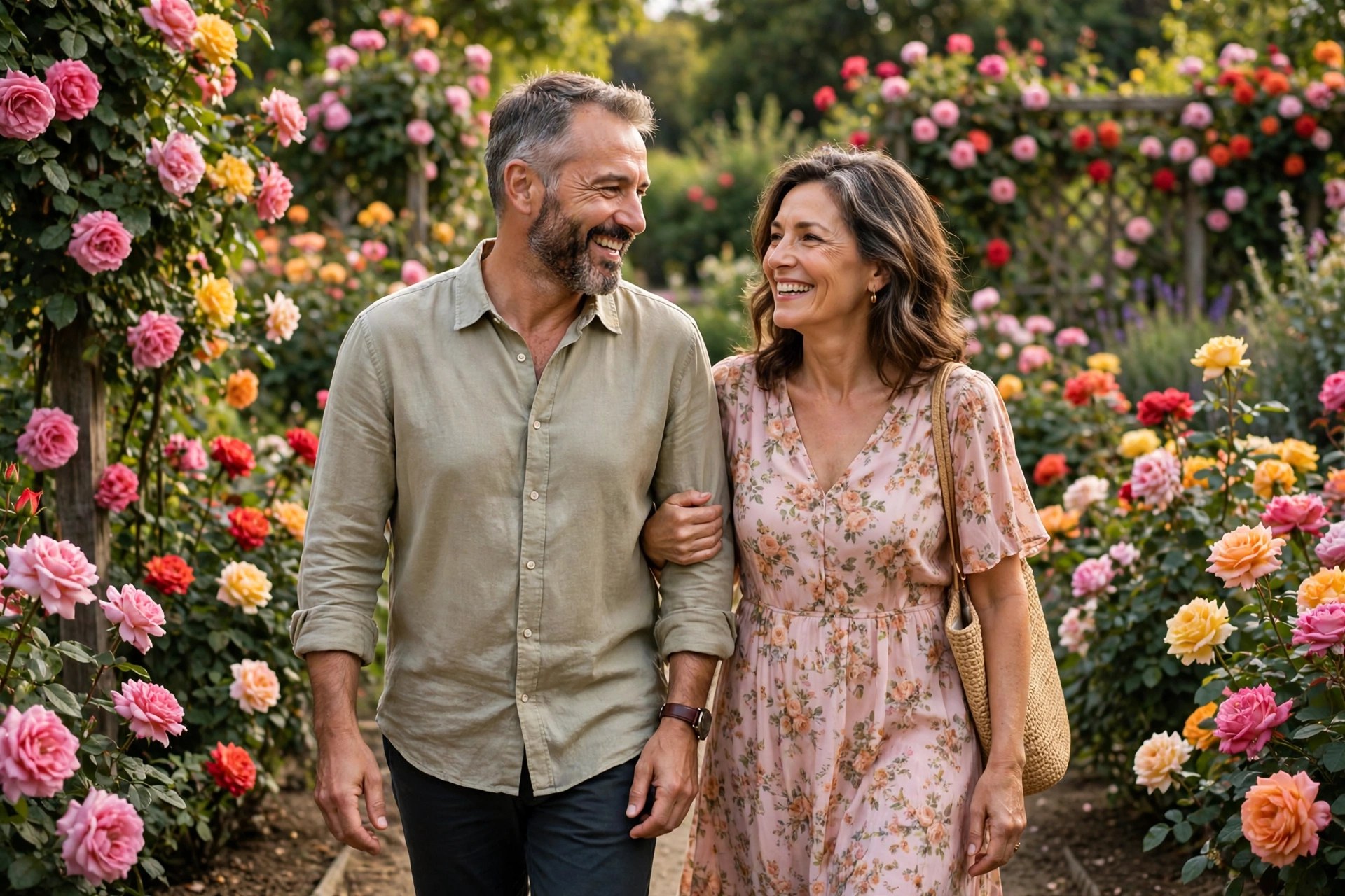 Mature couple walking through a blooming rose garden