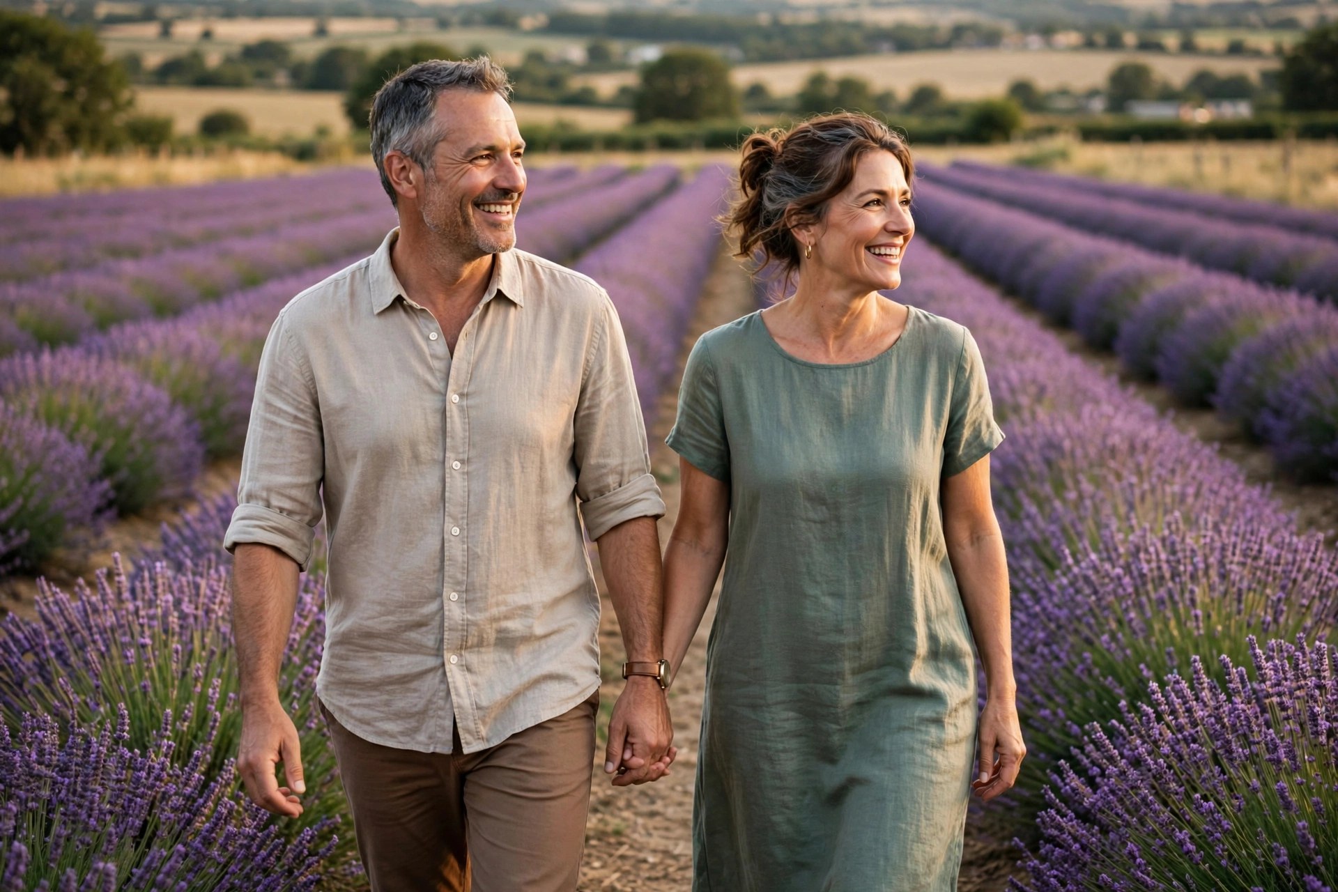 Mature couple walking through rows of lavender at a lavender farm