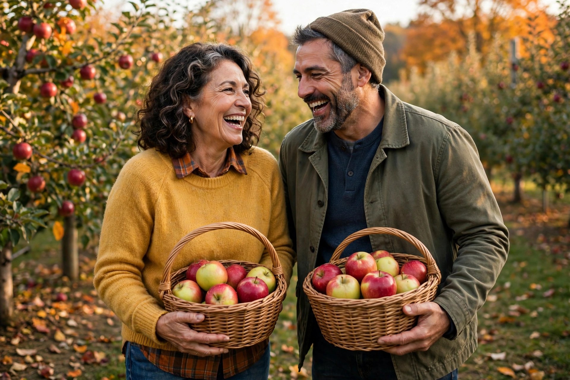 Mature couple picking apples together at an orchard