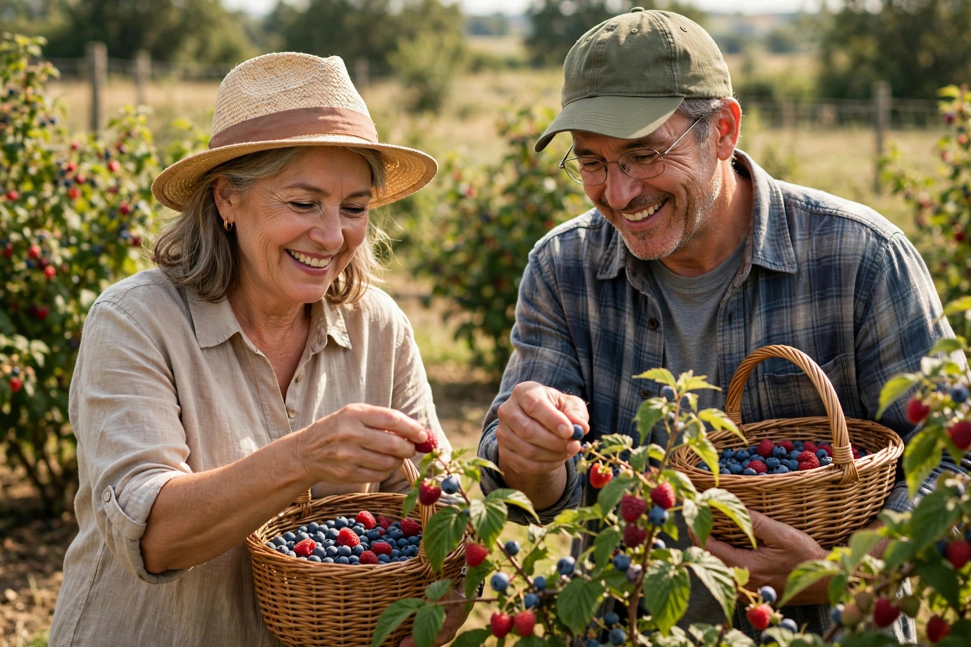 Mature couple picking berries together at a berry farm