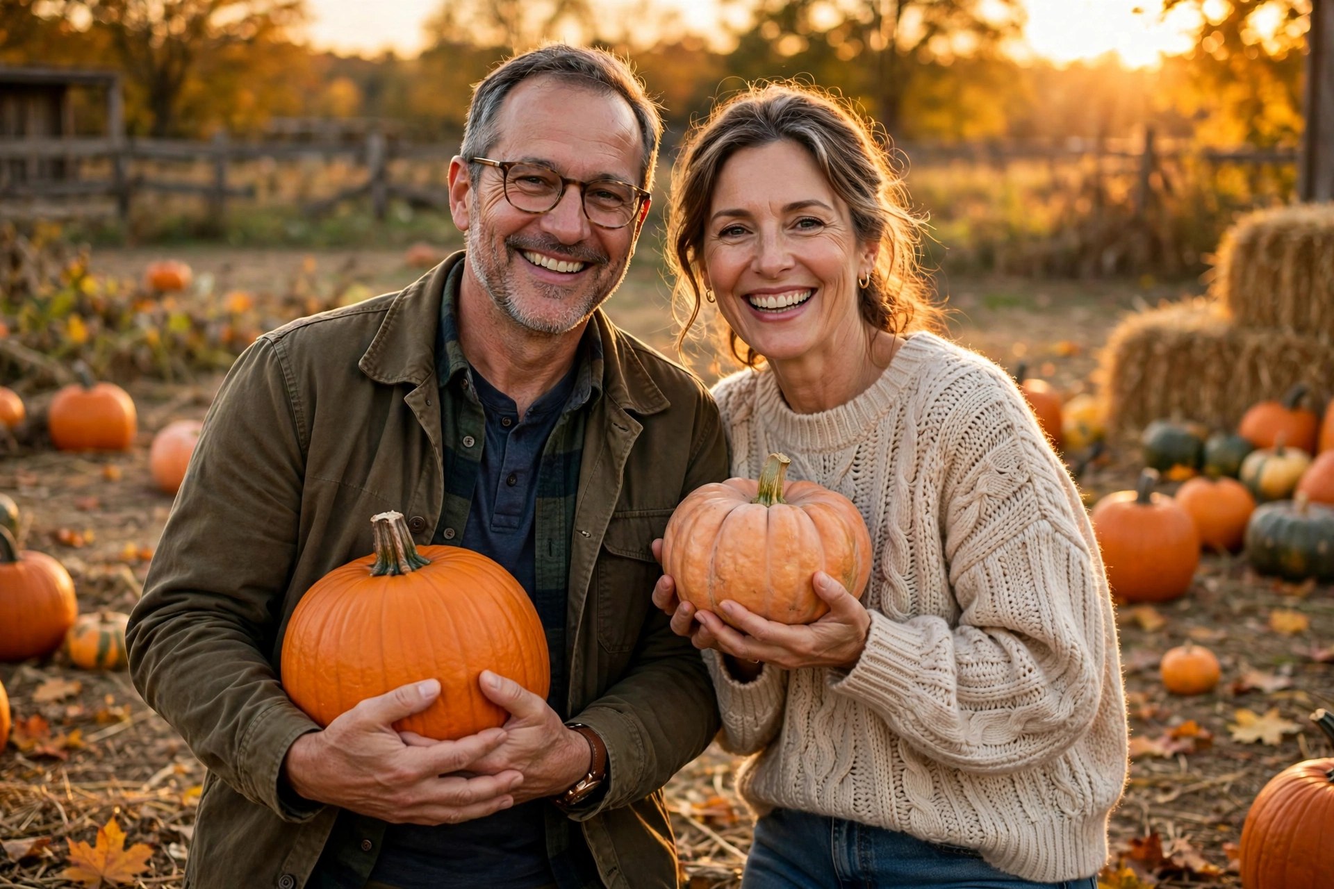 Mature couple holding pumpkins at a pumpkin patch in autumn