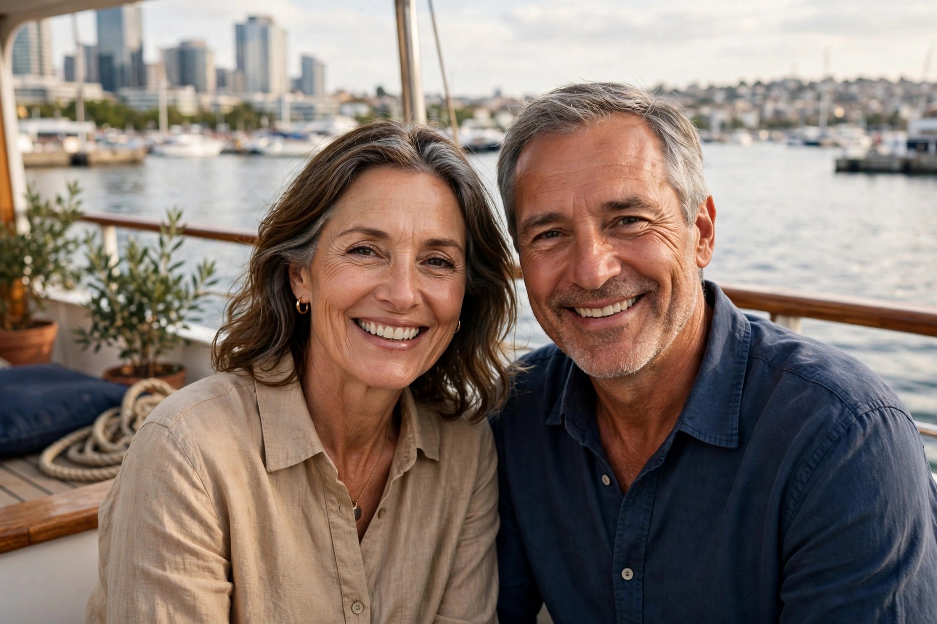 Mature couple on a daytime harbor cruise boat