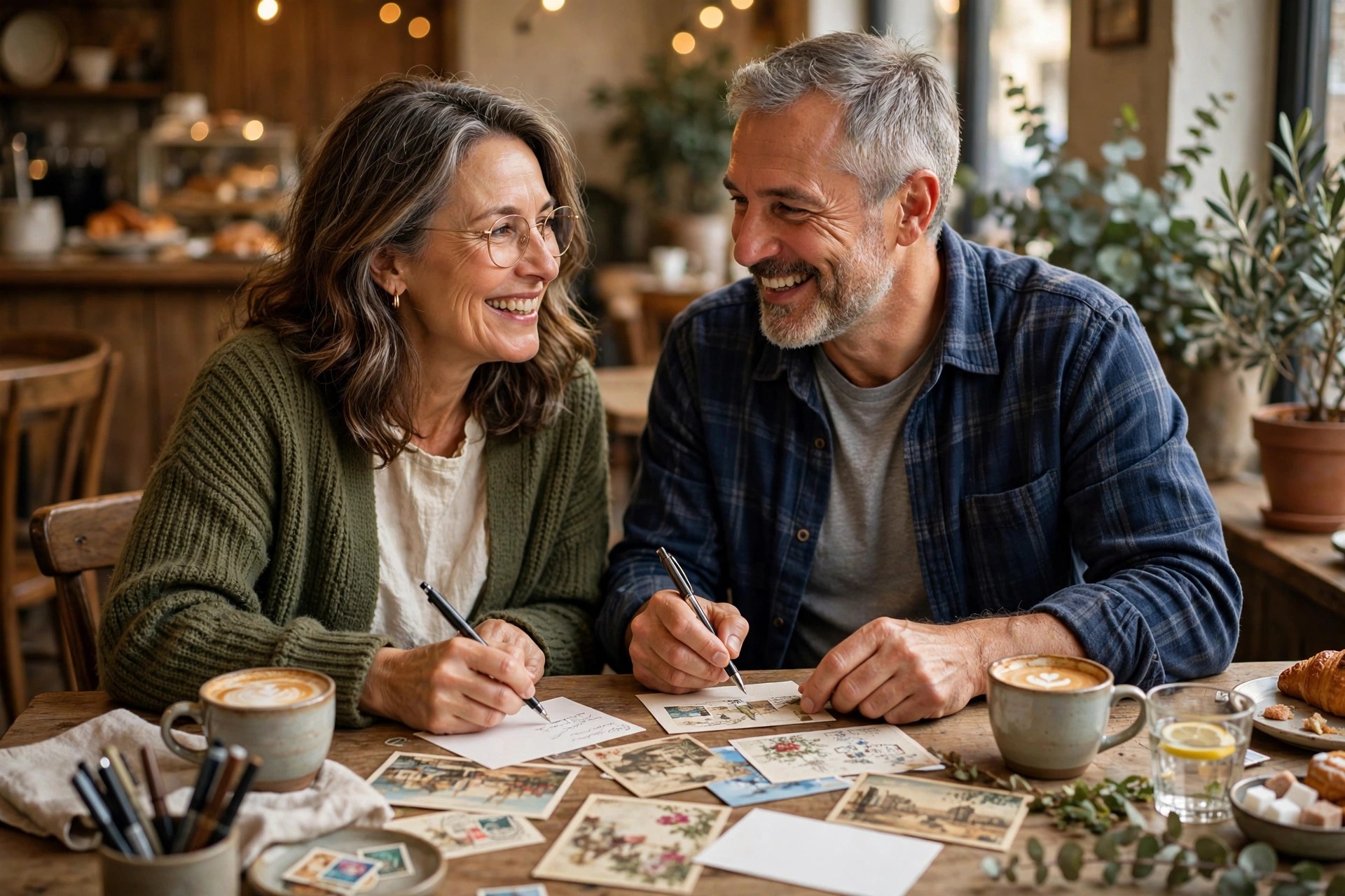Mature couple writing postcards together at a cafe table