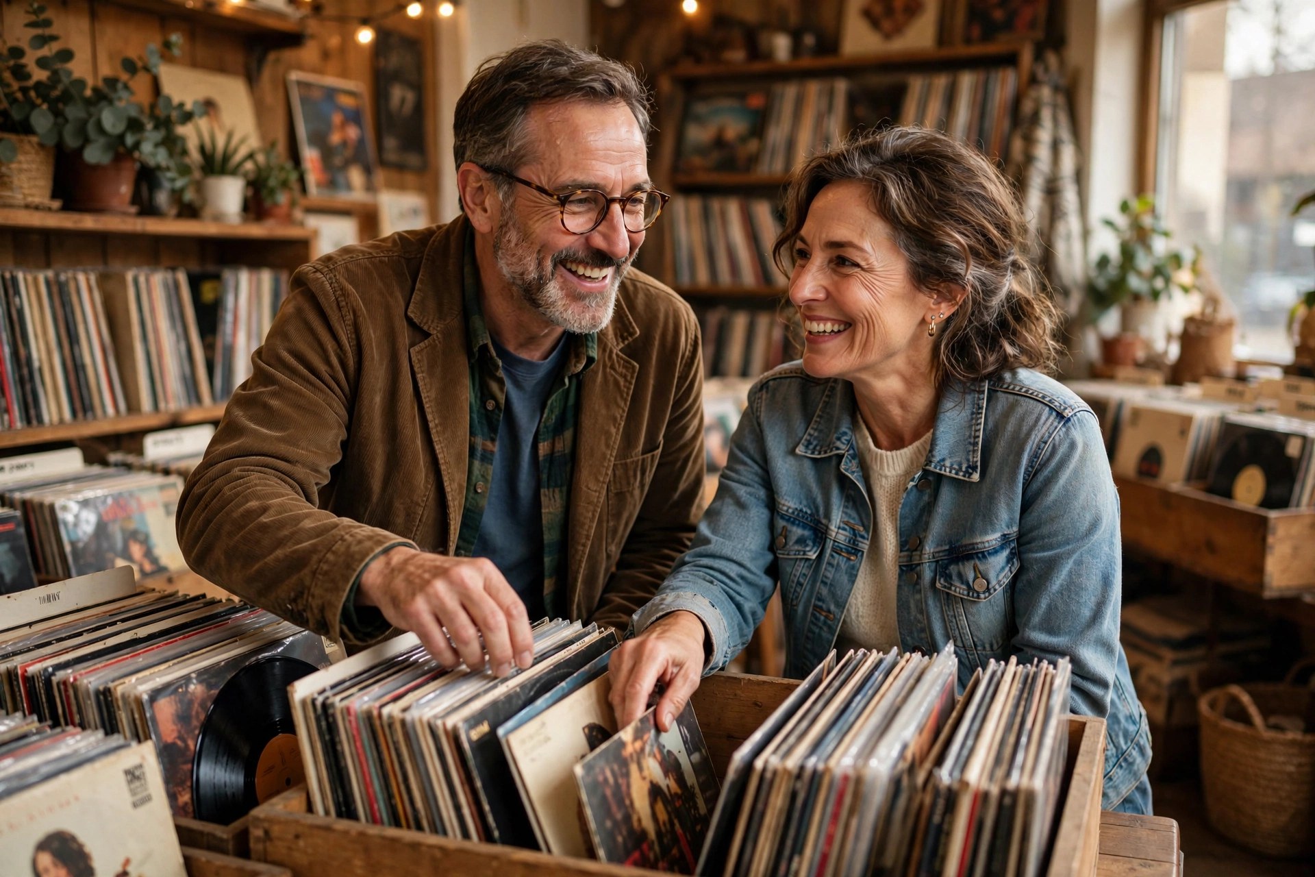 Mature couple browsing vinyl records together in a record shop