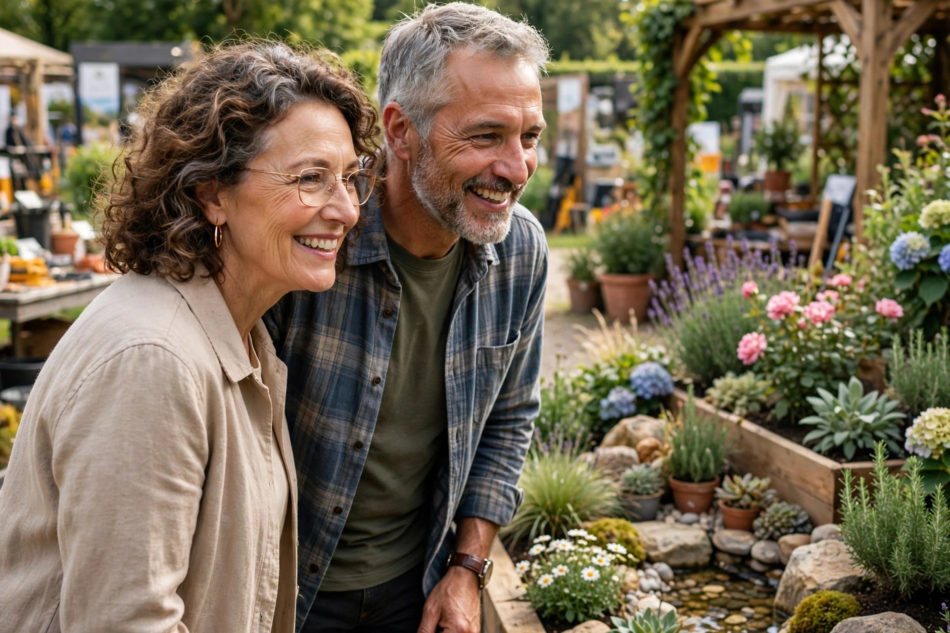 Mature couple admiring a display garden at a garden and home show