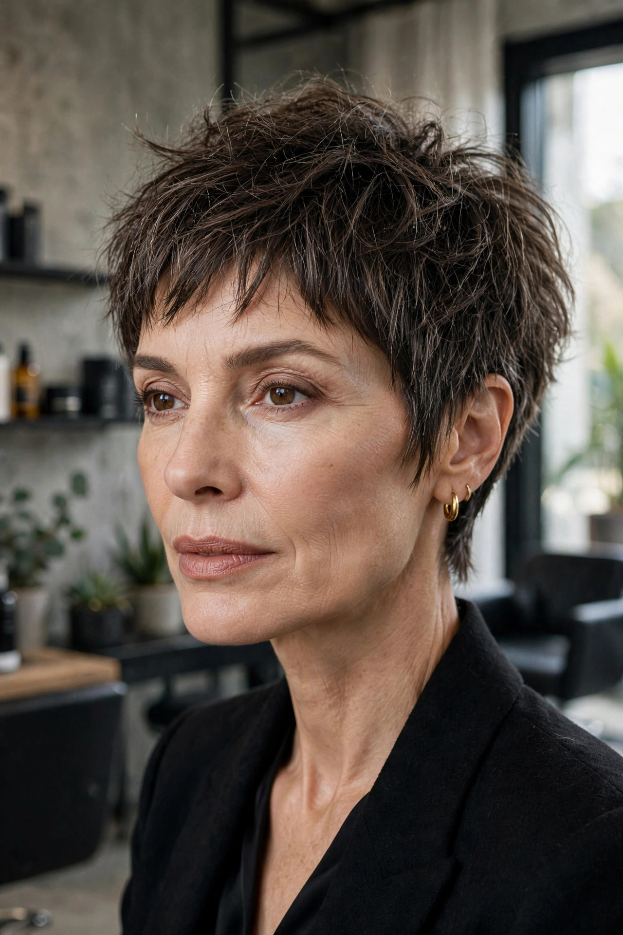 Elegant woman in her 50s with choppy textured pixie and shattered fringe