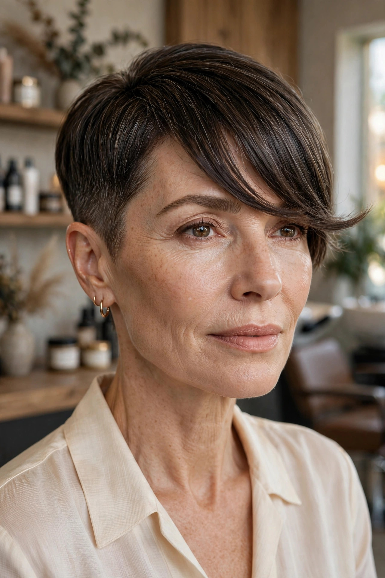 Elegant woman in her 50s with tapered pixie and long sweeping bangs