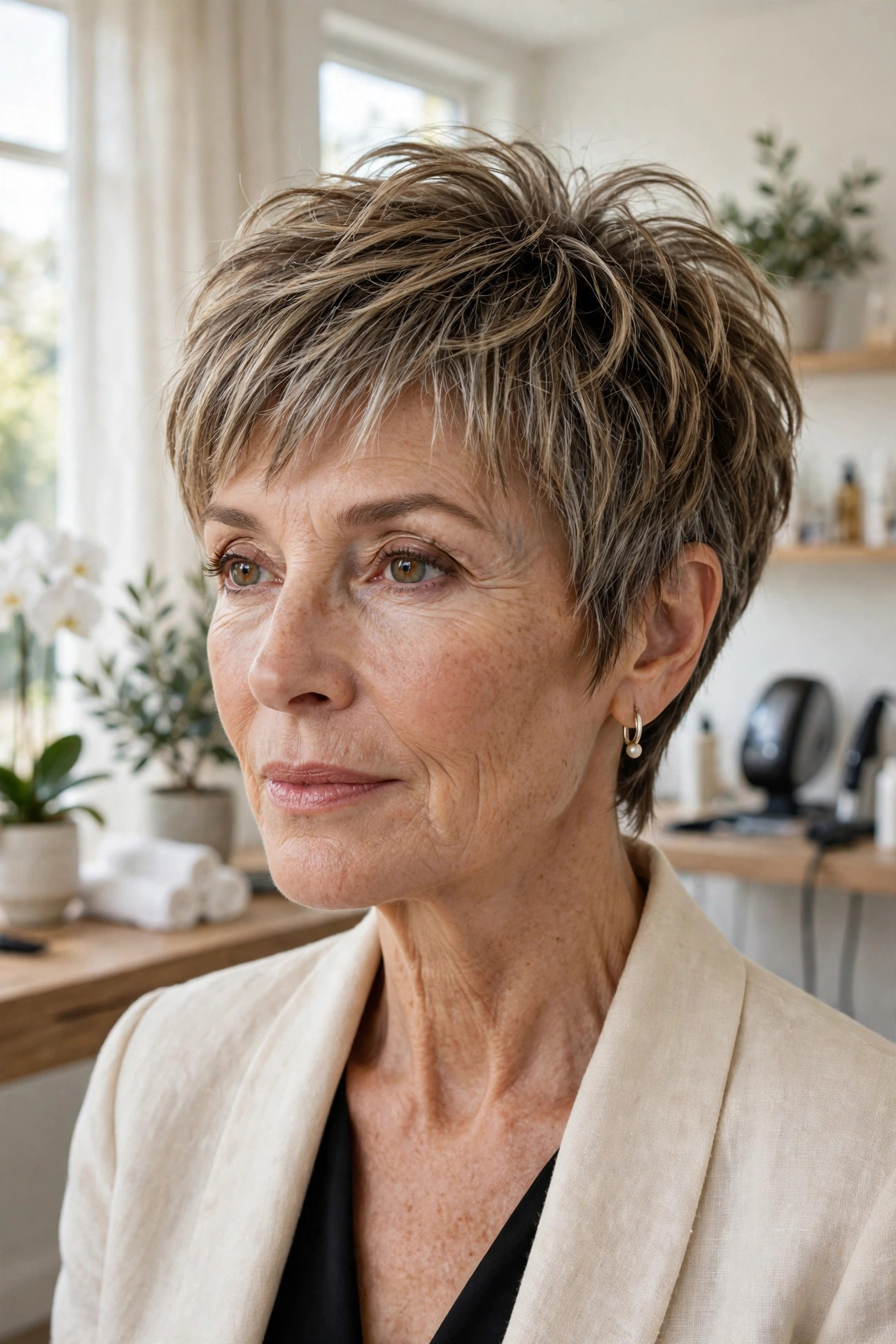 Elegant woman in her 50s with piecey pixie and feathered fringe