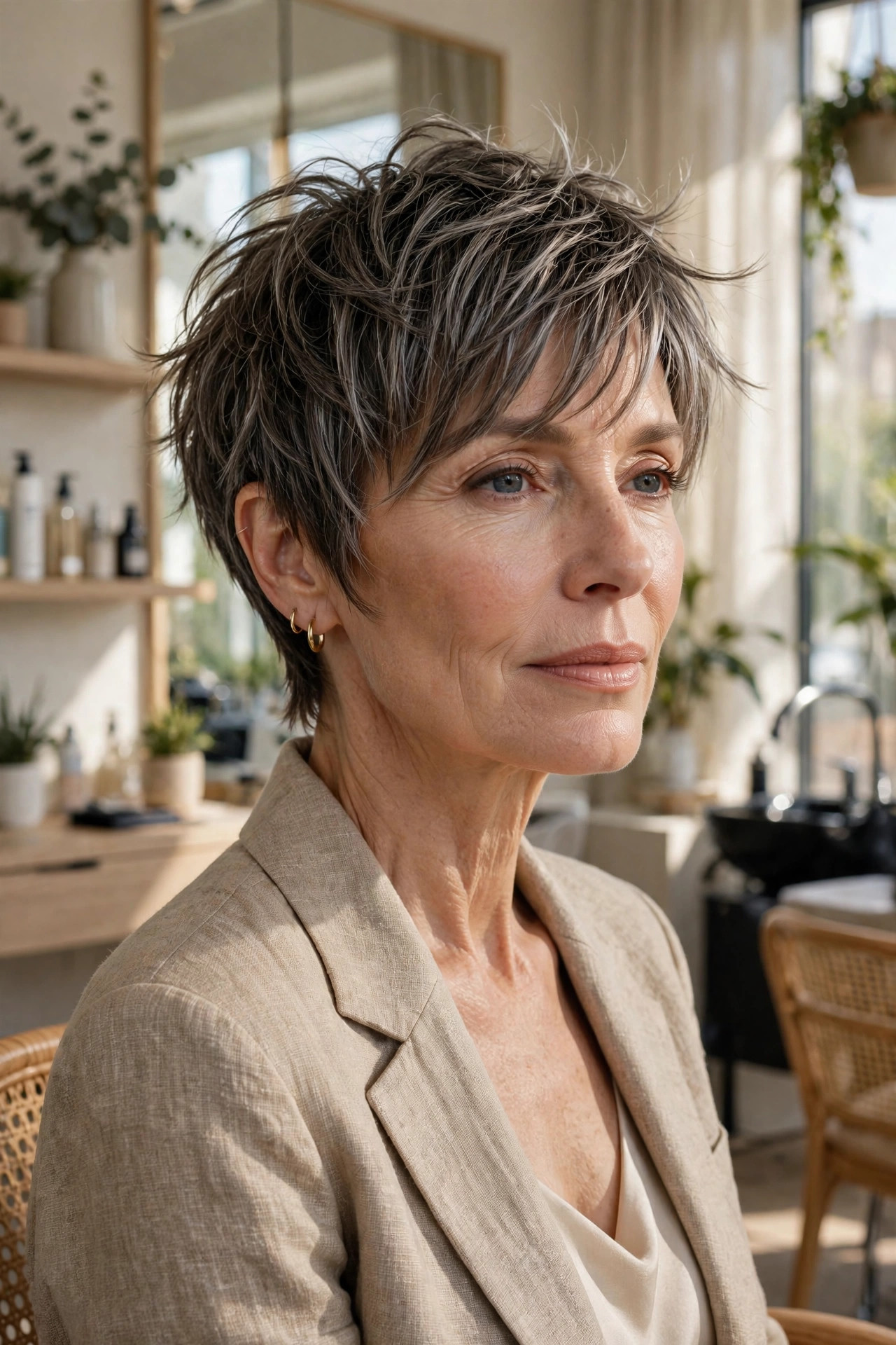 Elegant woman in her 50s with razored pixie and tousled bangs