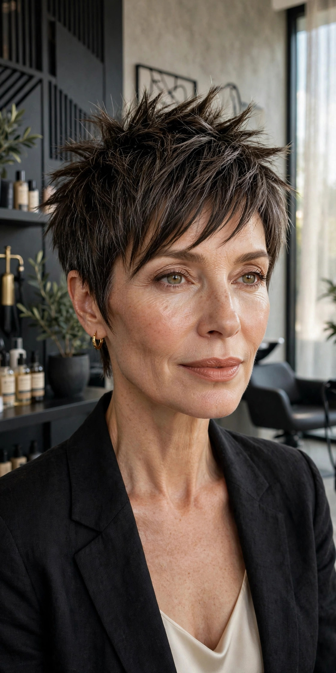 Elegant woman in her 50s with spiky pixie and asymmetric bangs