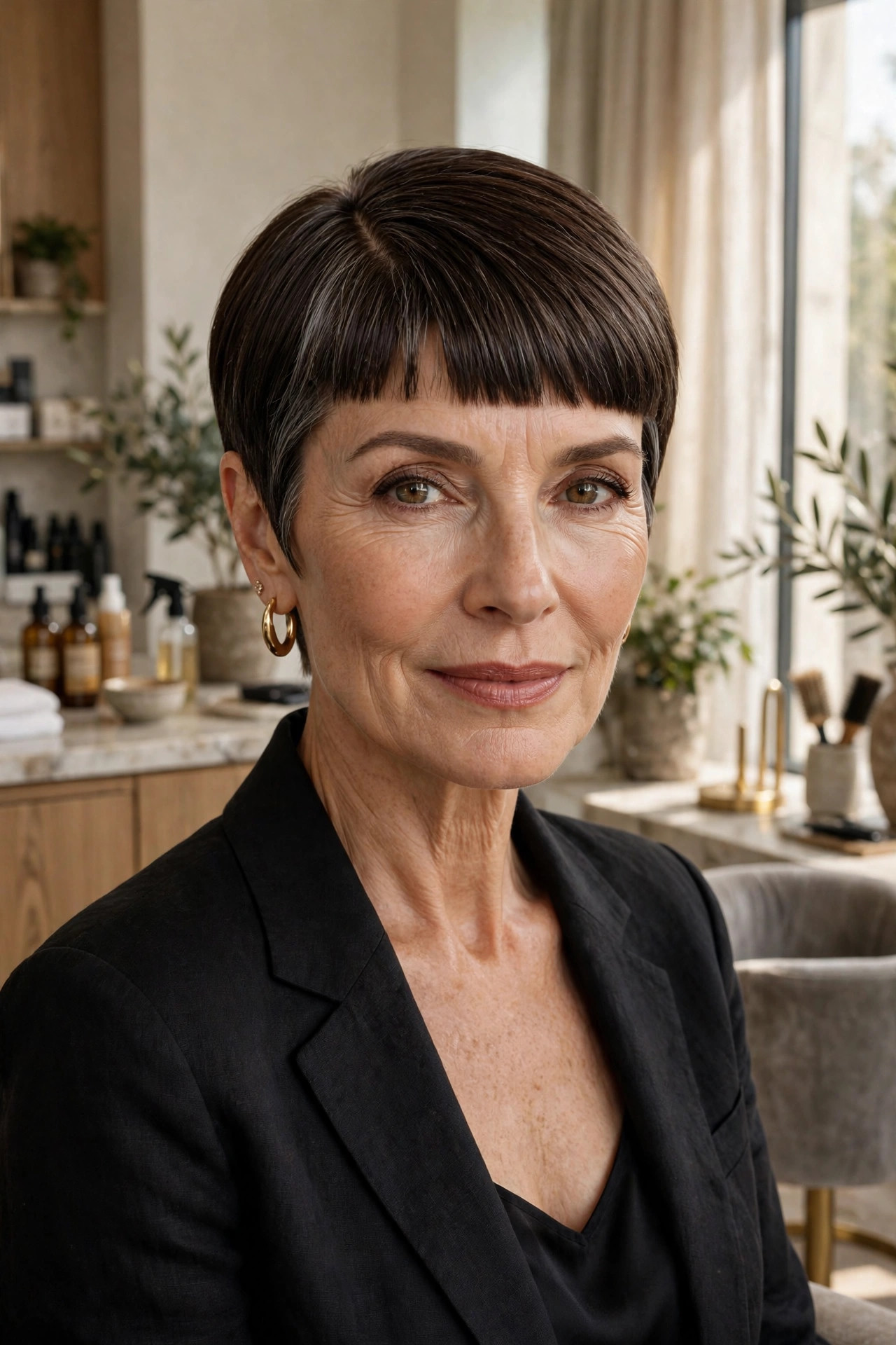 Elegant woman in her 50s with sleek pixie and straight-across bangs